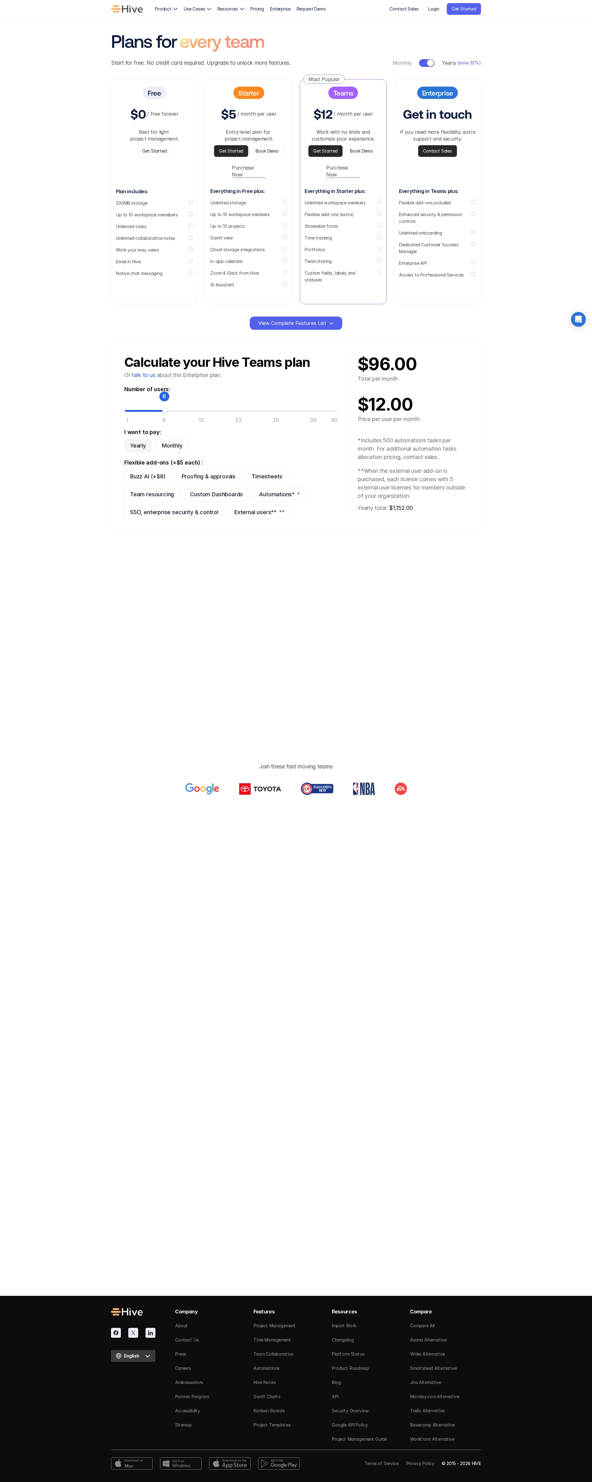 Hive PM pricing page screenshot