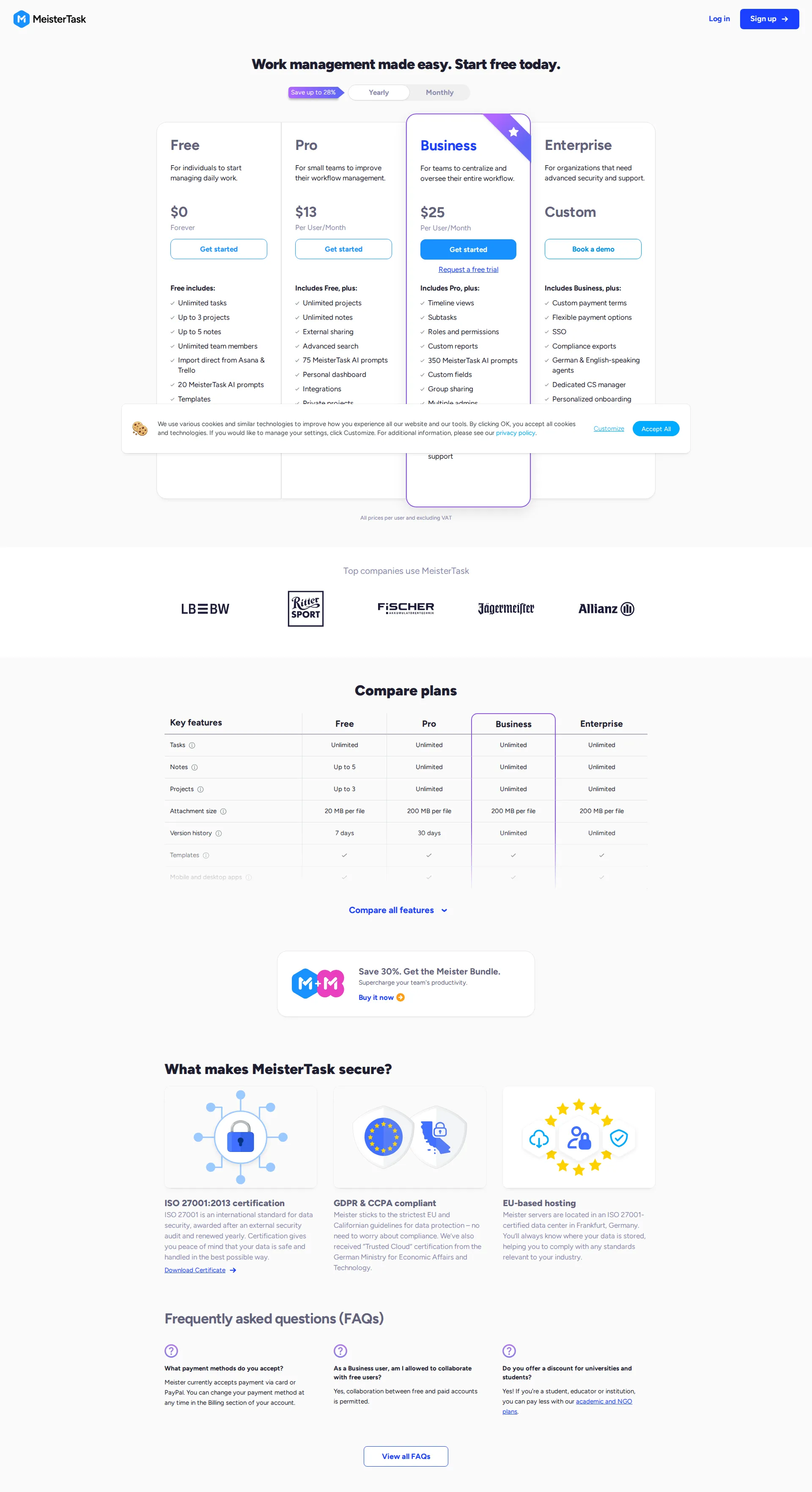 MeisterTask Pro pricing page screenshot