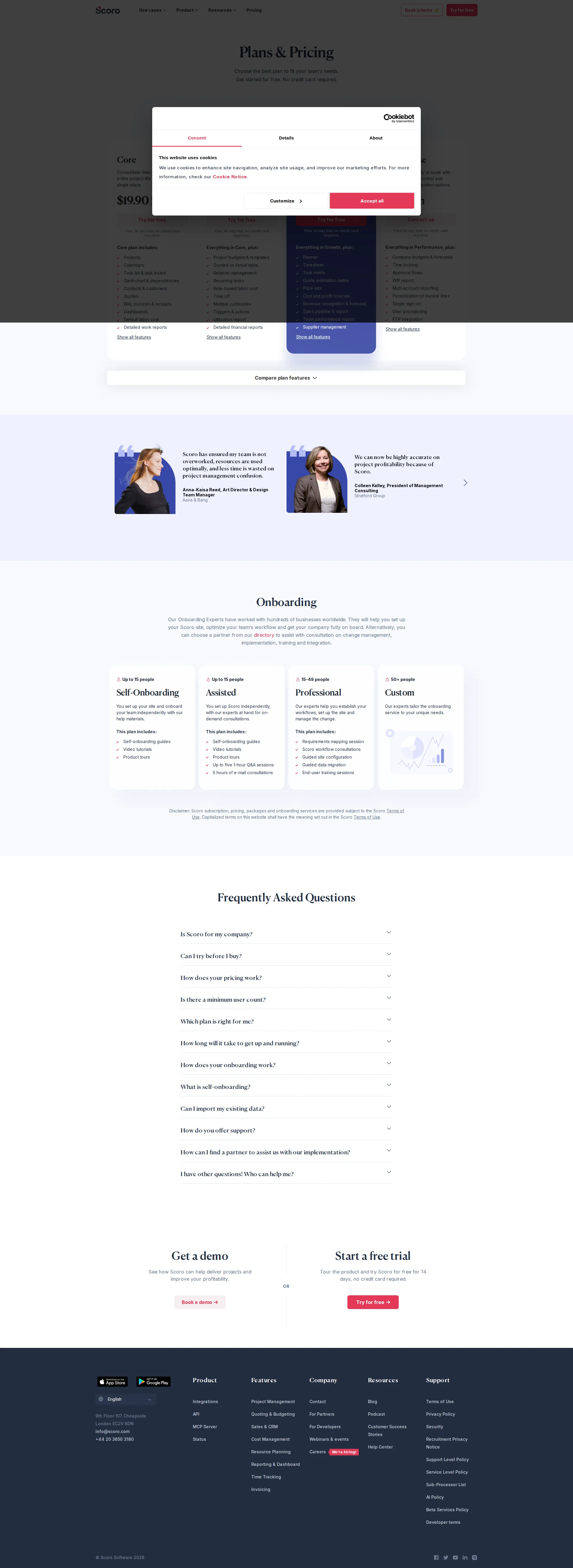 Scoro pricing page screenshot