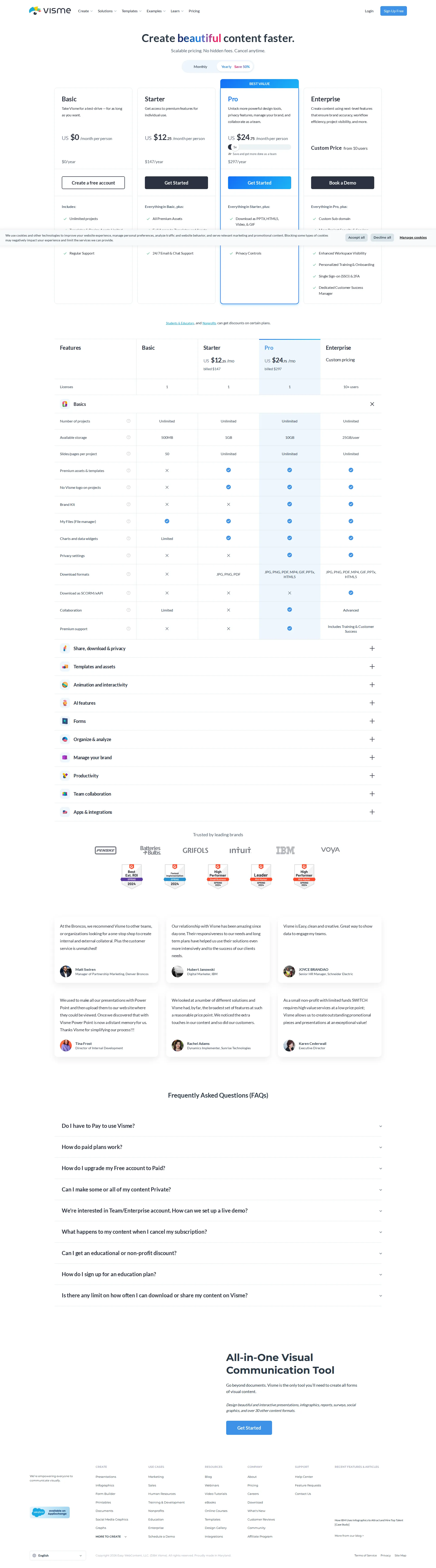 Visme Pro pricing page screenshot