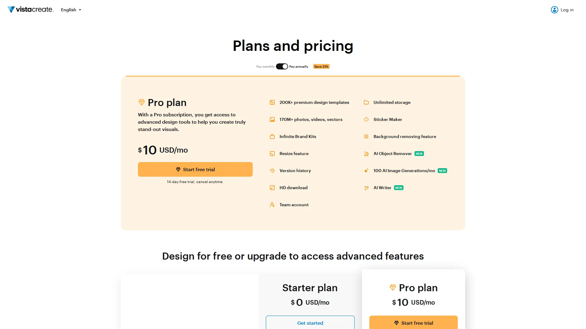 Crello pricing page screenshot