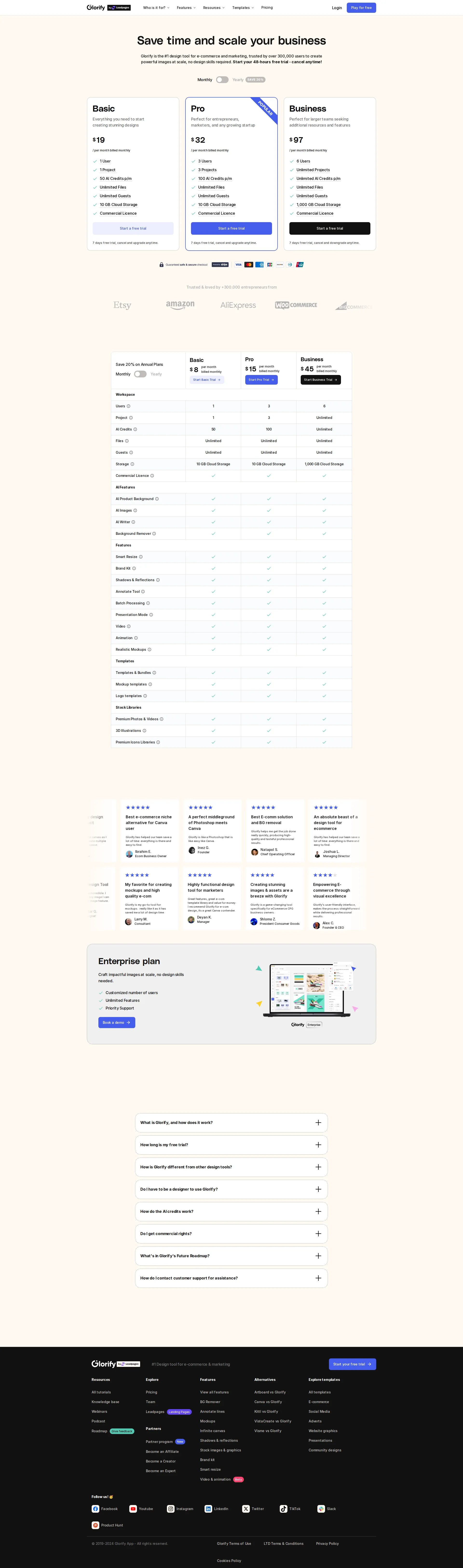 Glorify pricing page screenshot