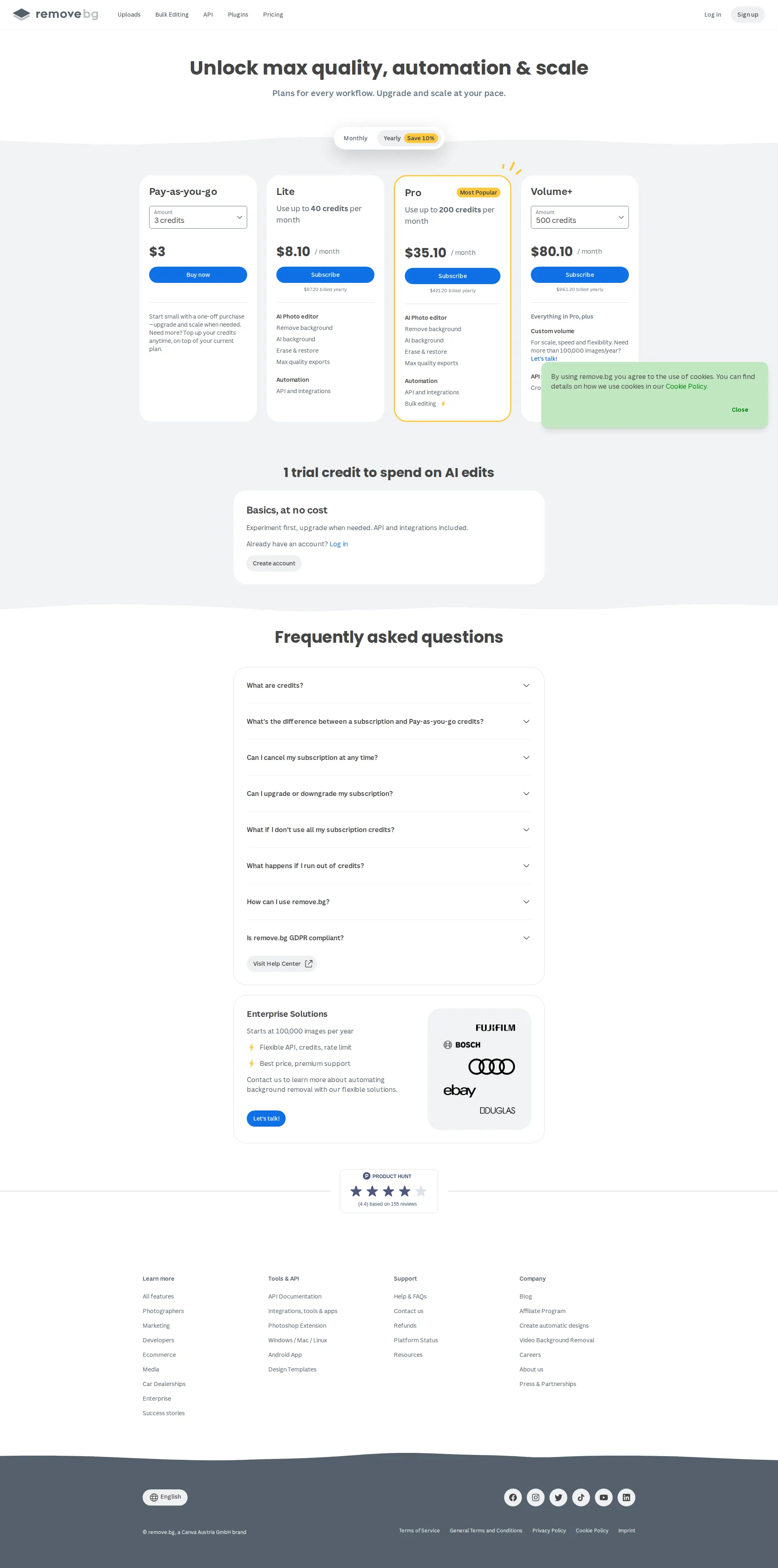Remove.bg Pro pricing page screenshot