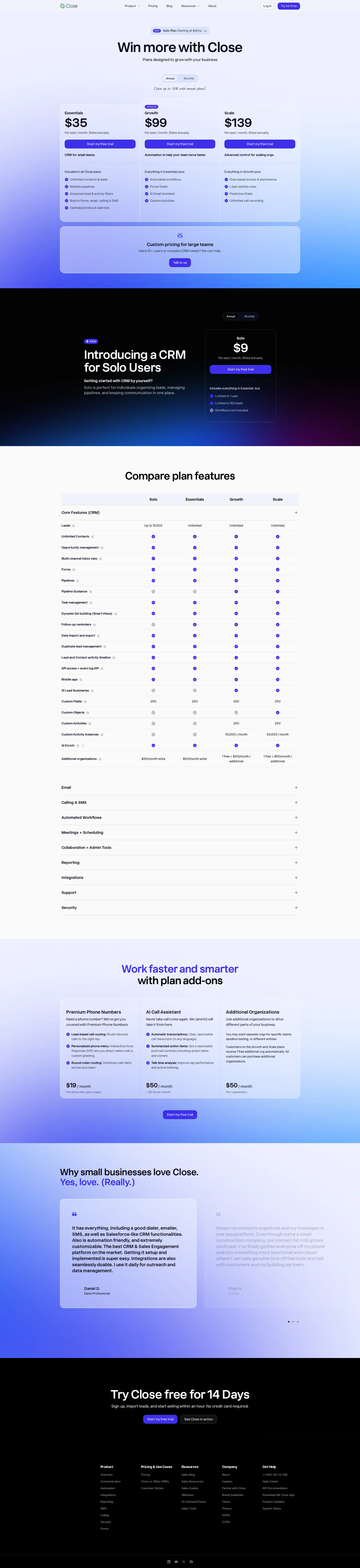 Close CRM Pro pricing page screenshot
