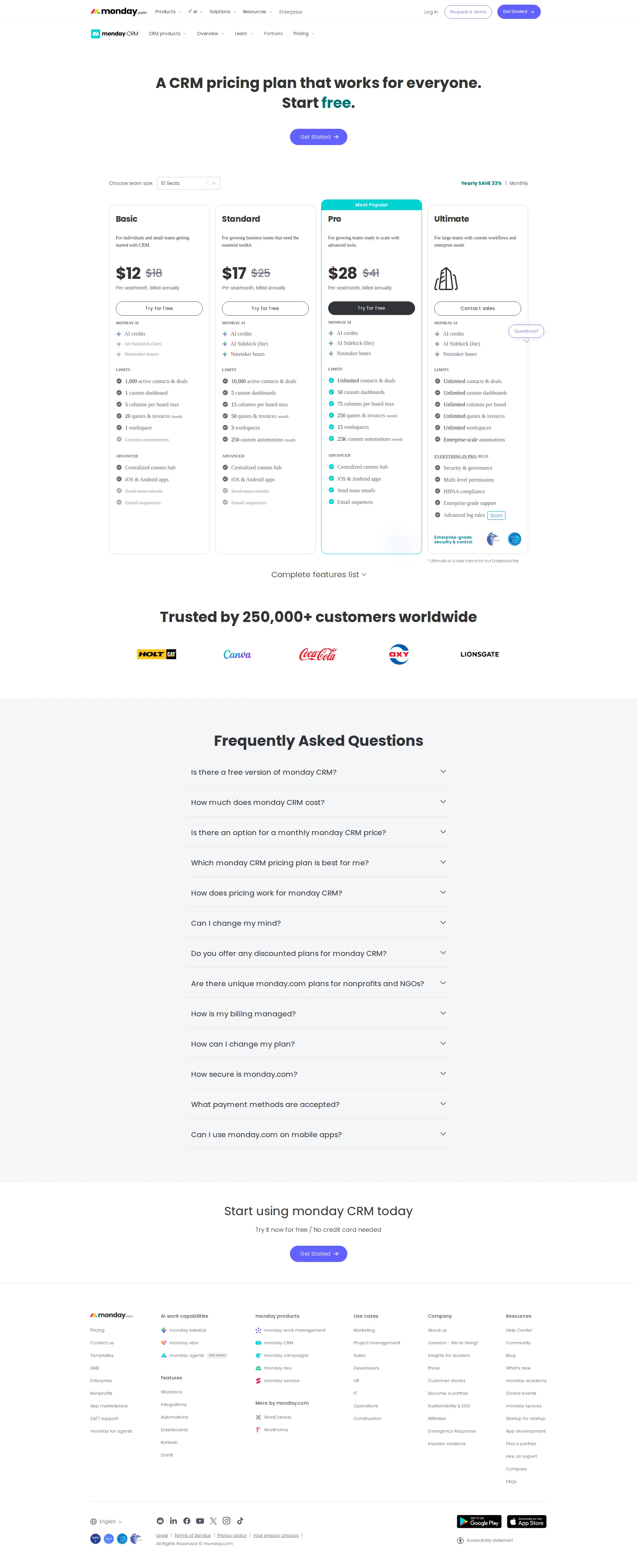 Monday Sales CRM pricing page screenshot