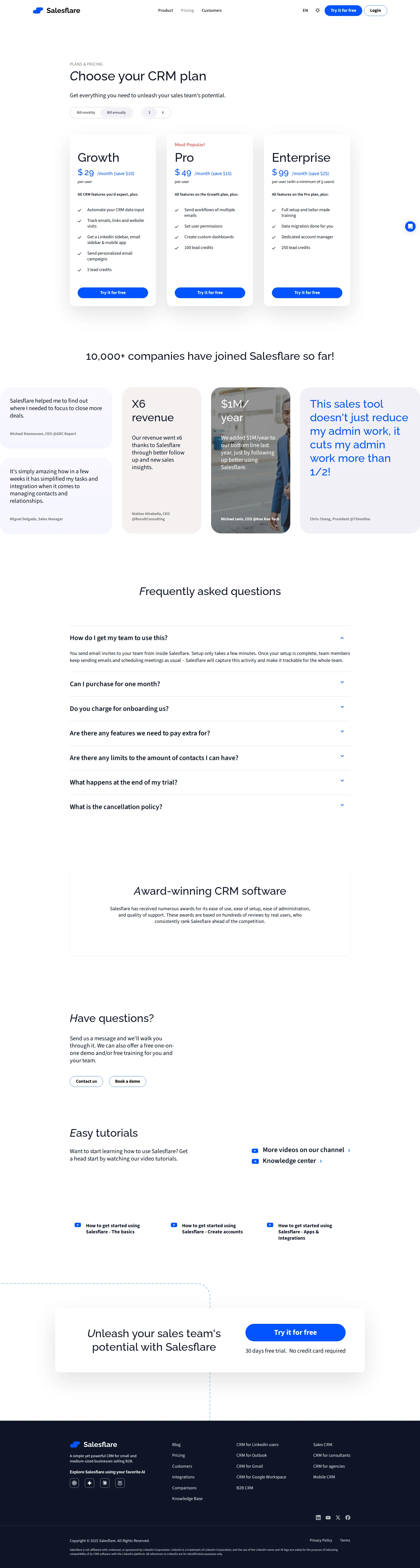 Salesflare Pro pricing page screenshot