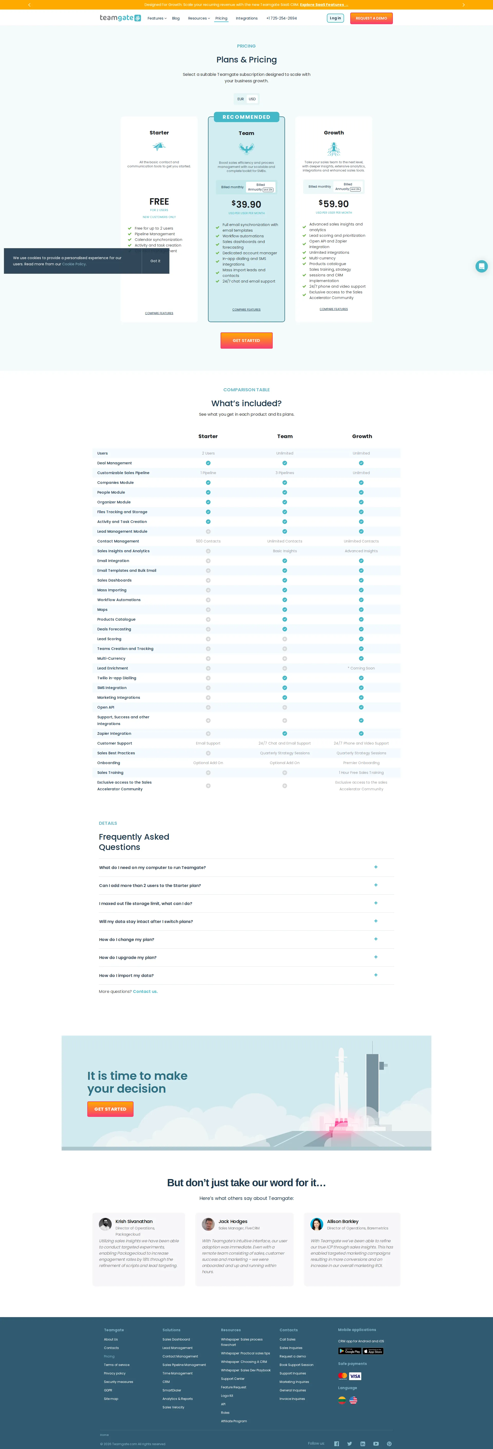 Teamgate CRM pricing page screenshot