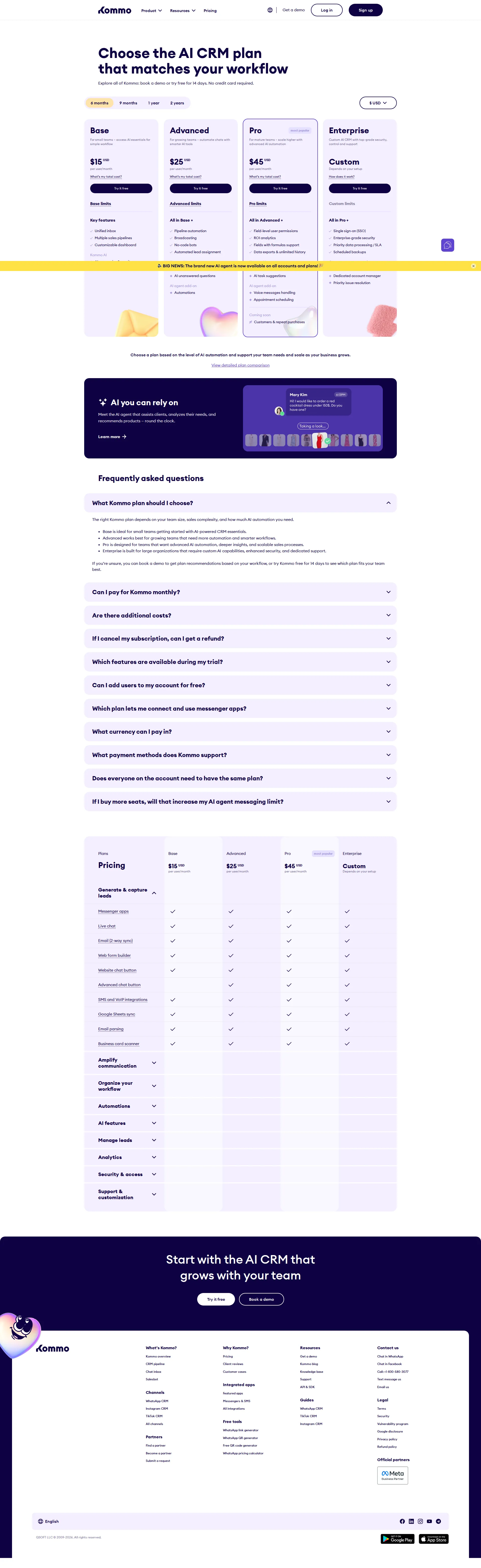 Kommo CRM pricing page screenshot