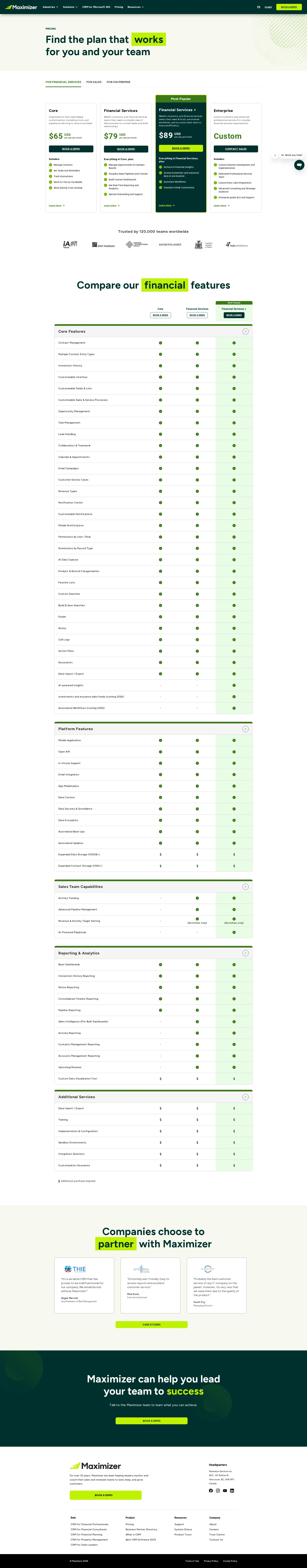 Maximizer CRM pricing page screenshot