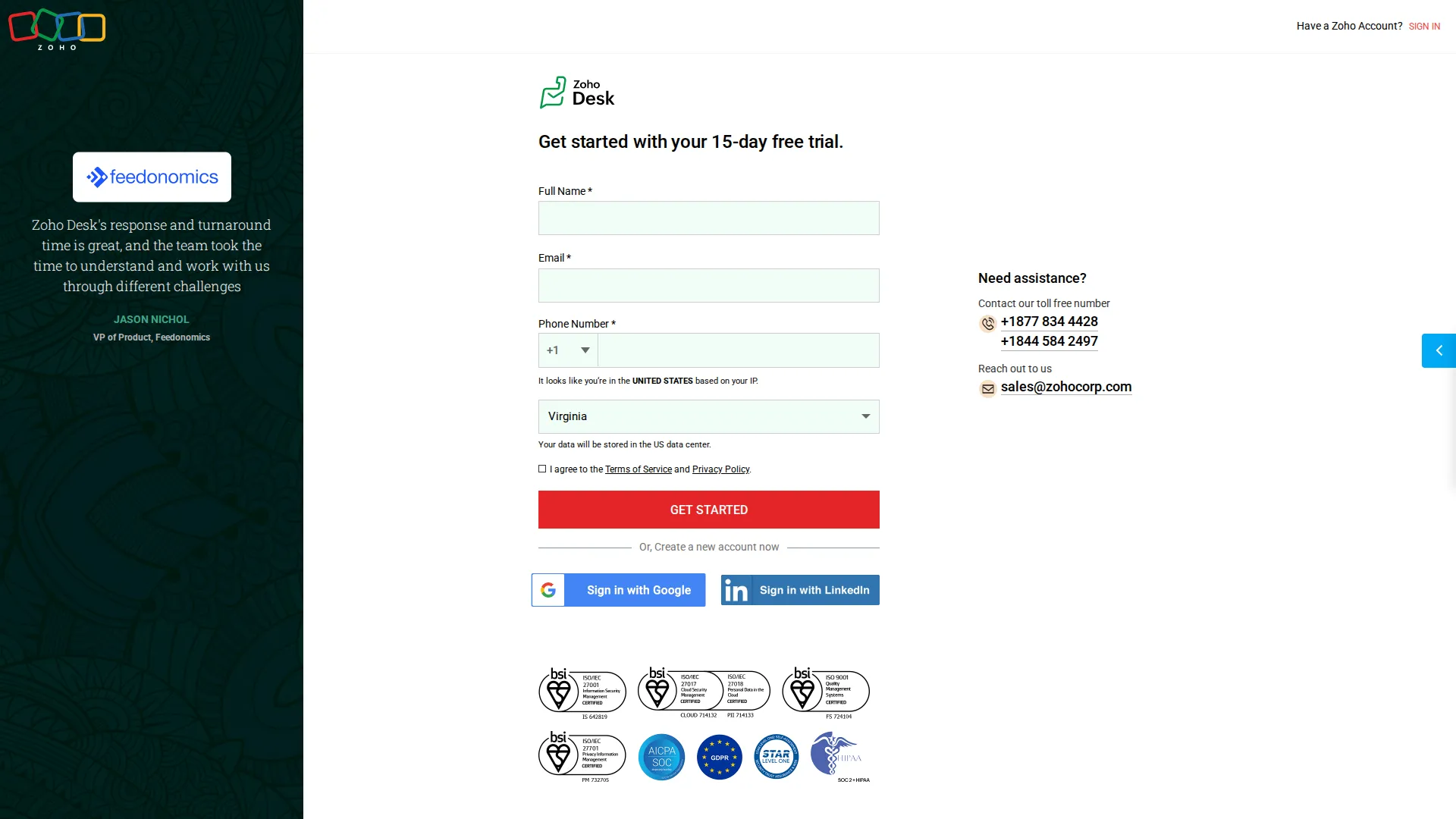 Zoho Desk Pro pricing page screenshot