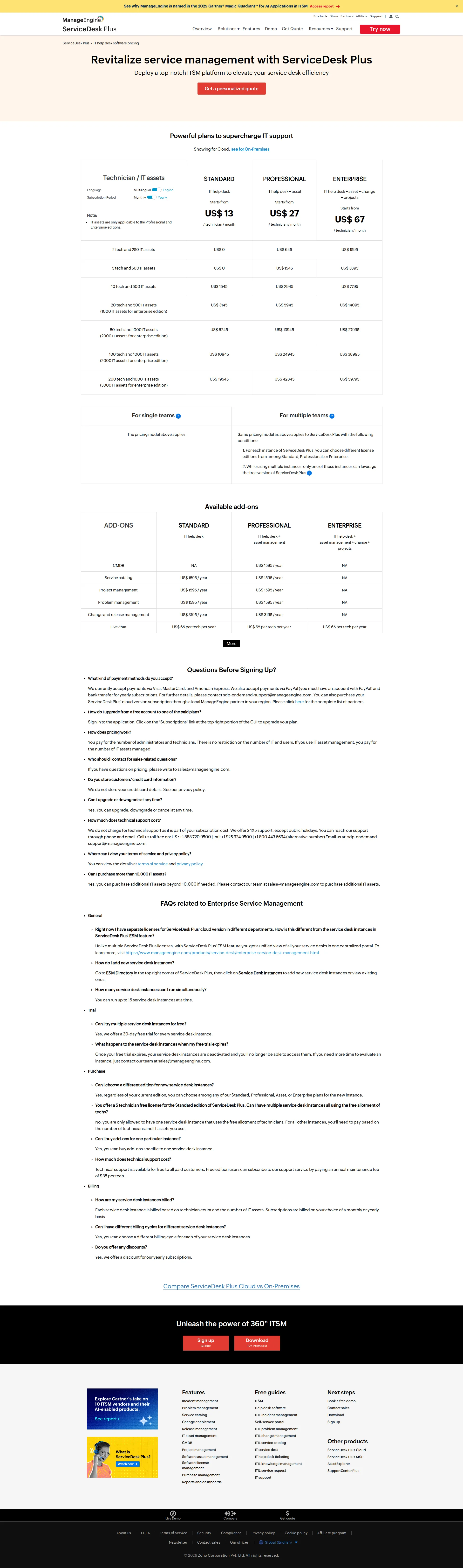 ManageEngine ServiceDesk pricing page screenshot