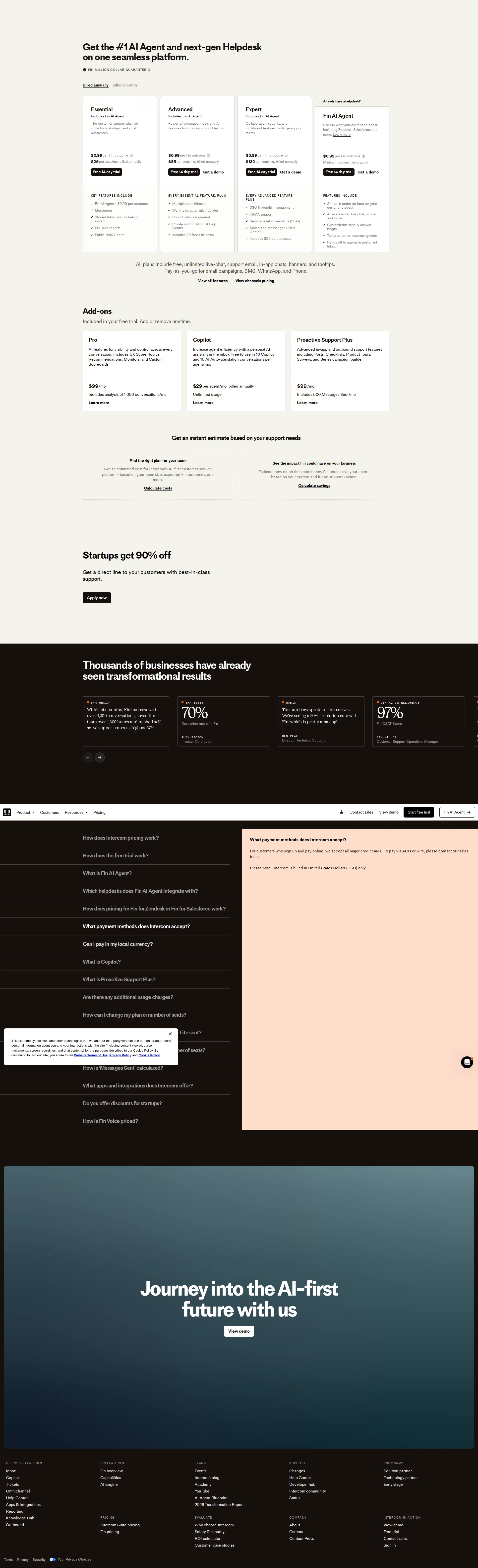 Intercom Pro pricing page screenshot