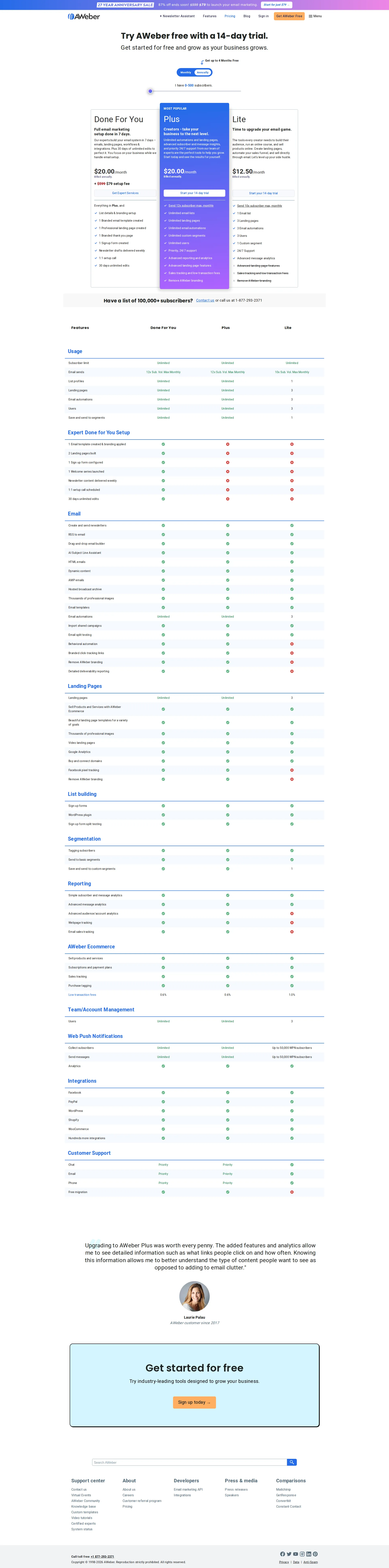 AWeber Pro pricing page screenshot