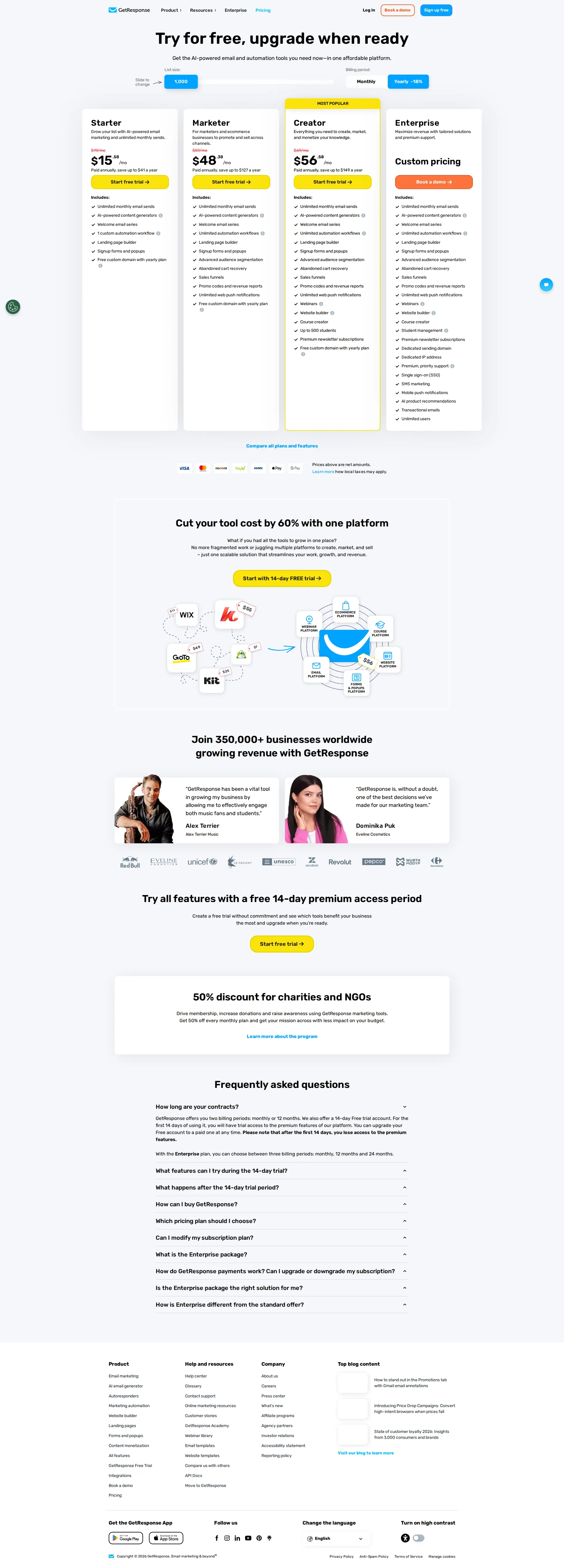 GetResponse Pro pricing page screenshot