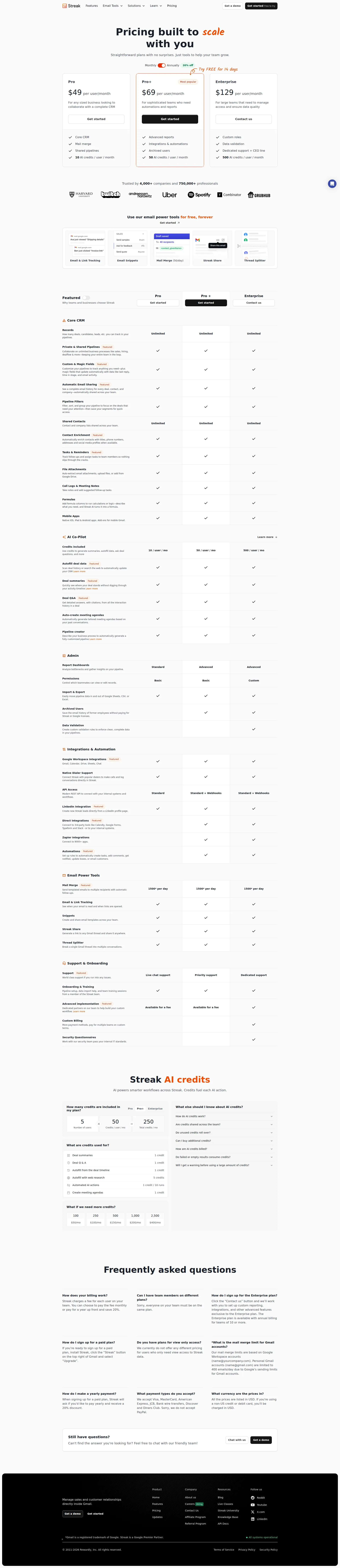 Streak pricing page screenshot