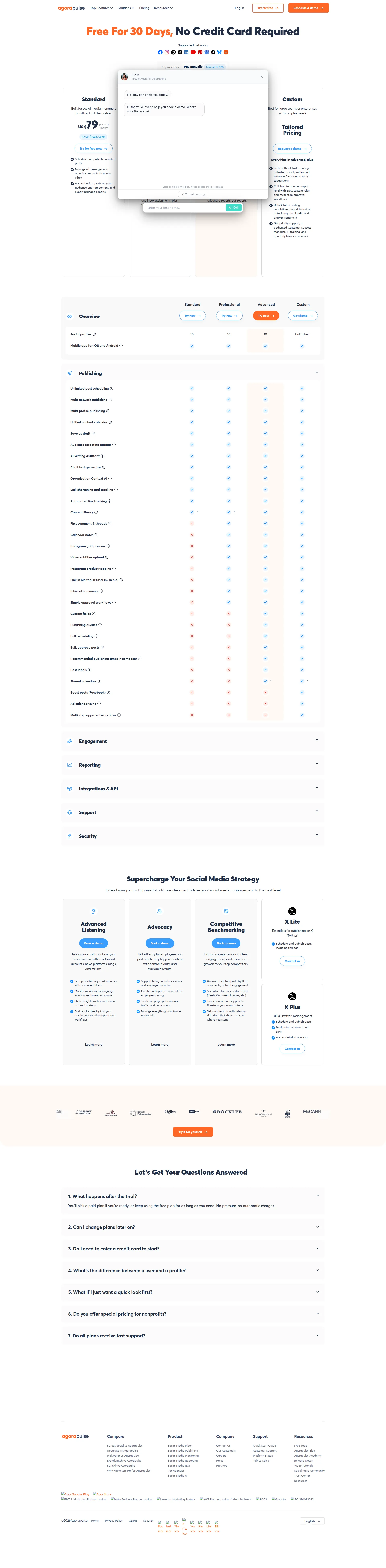 Agorapulse Pro pricing page screenshot