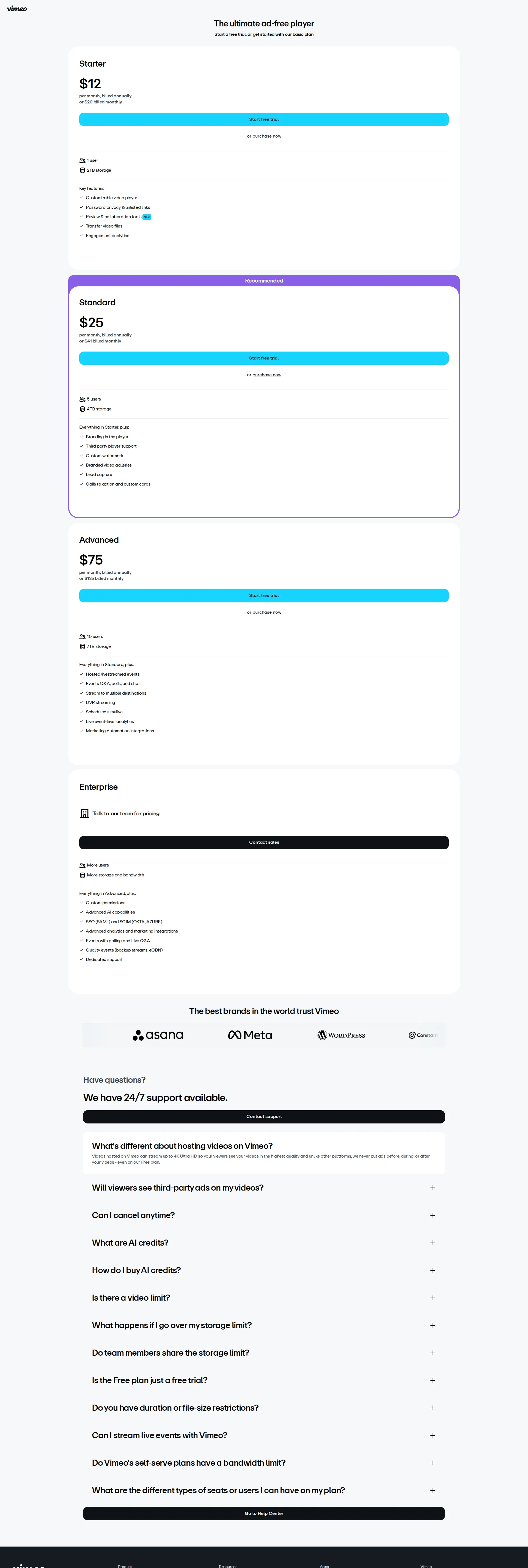 Vimeo Pro pricing page screenshot