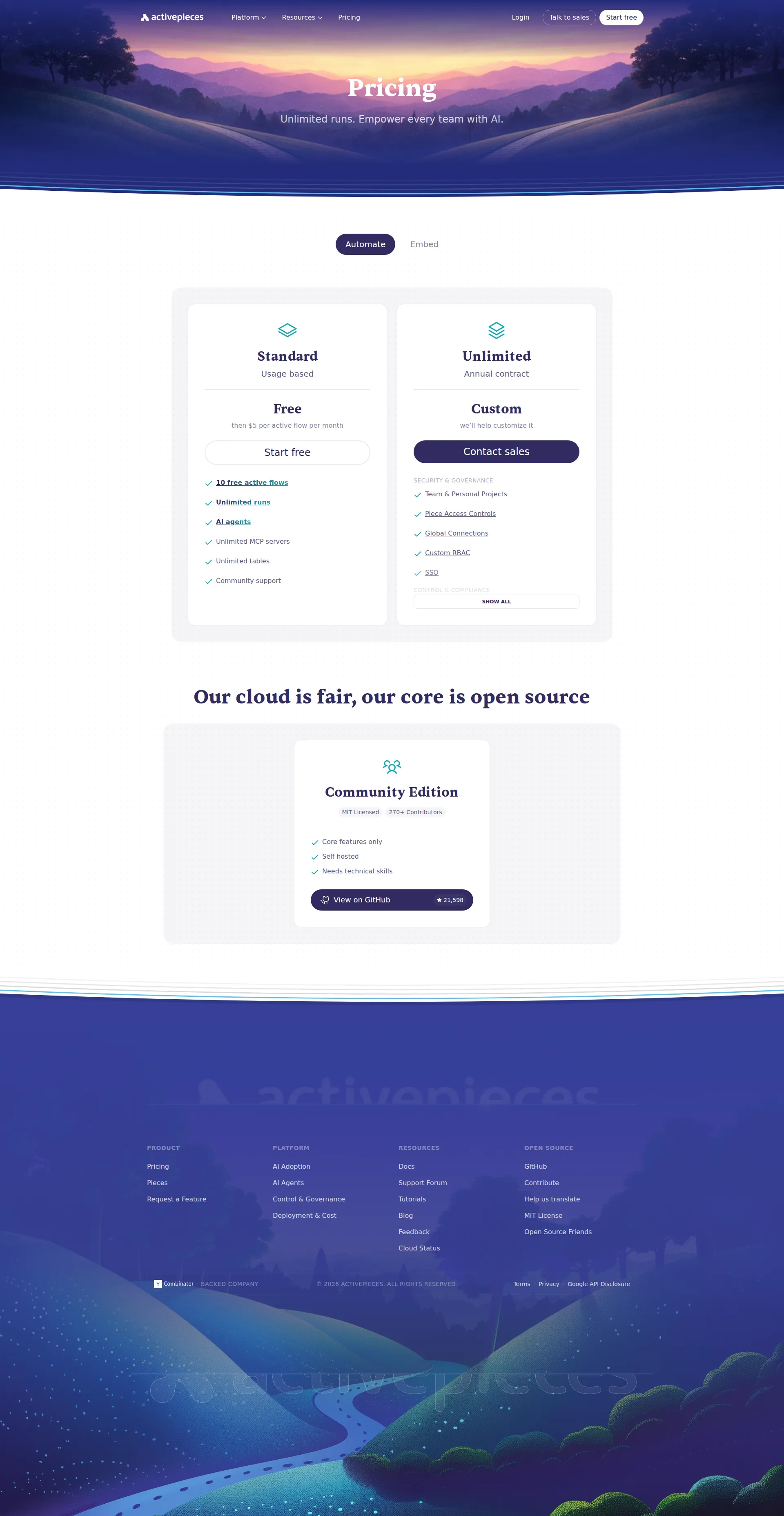 Activepieces Pro pricing page screenshot