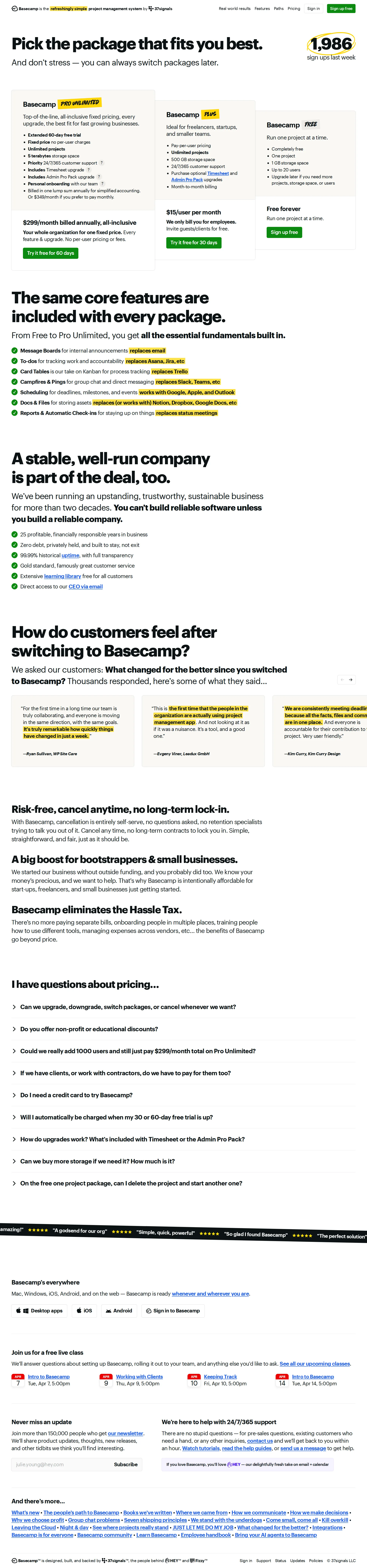 Basecamp Pro pricing page screenshot