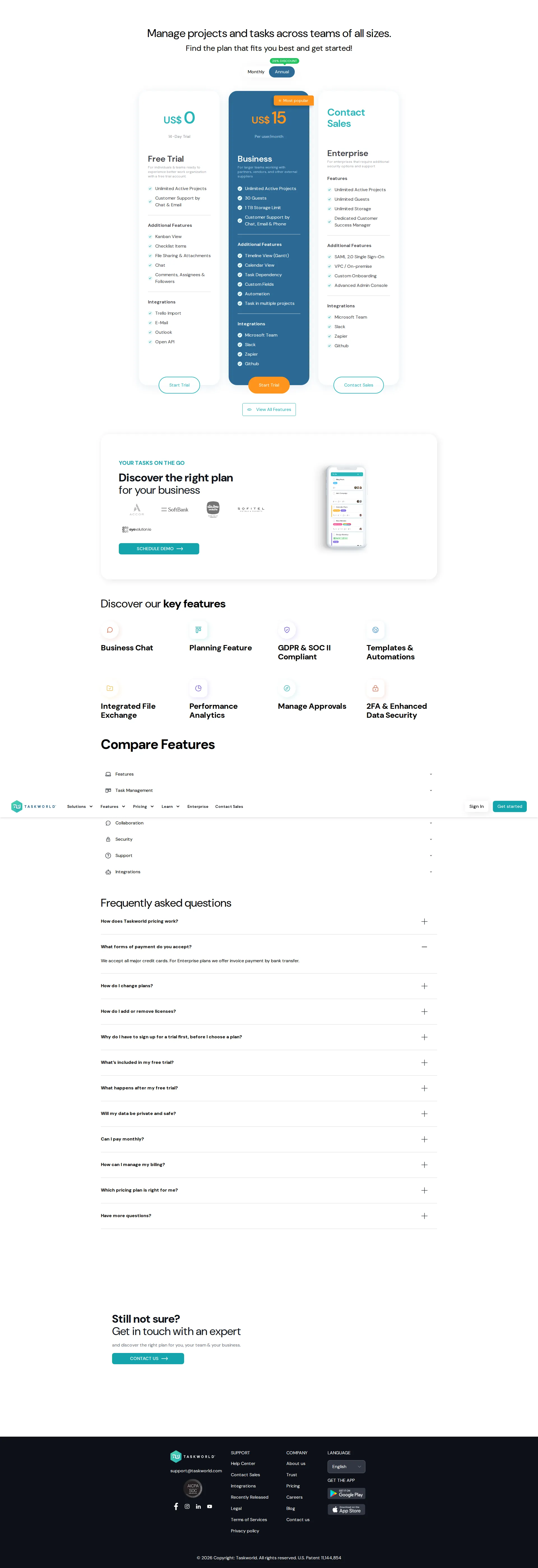 Taskworld Pro pricing page screenshot
