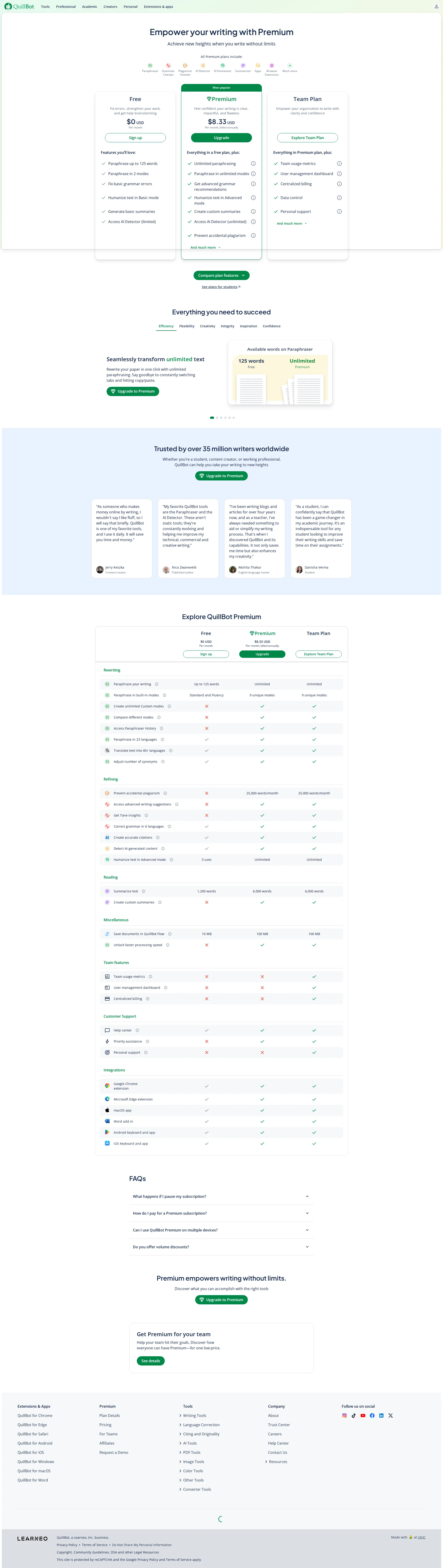 QuillBot Pro pricing page screenshot