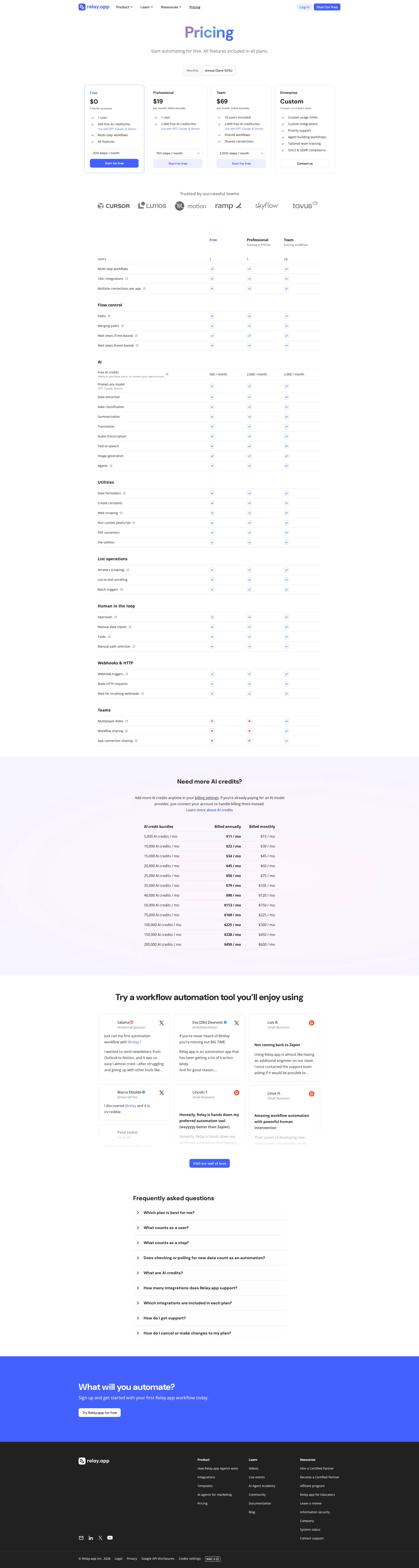 Relay.app pricing page screenshot