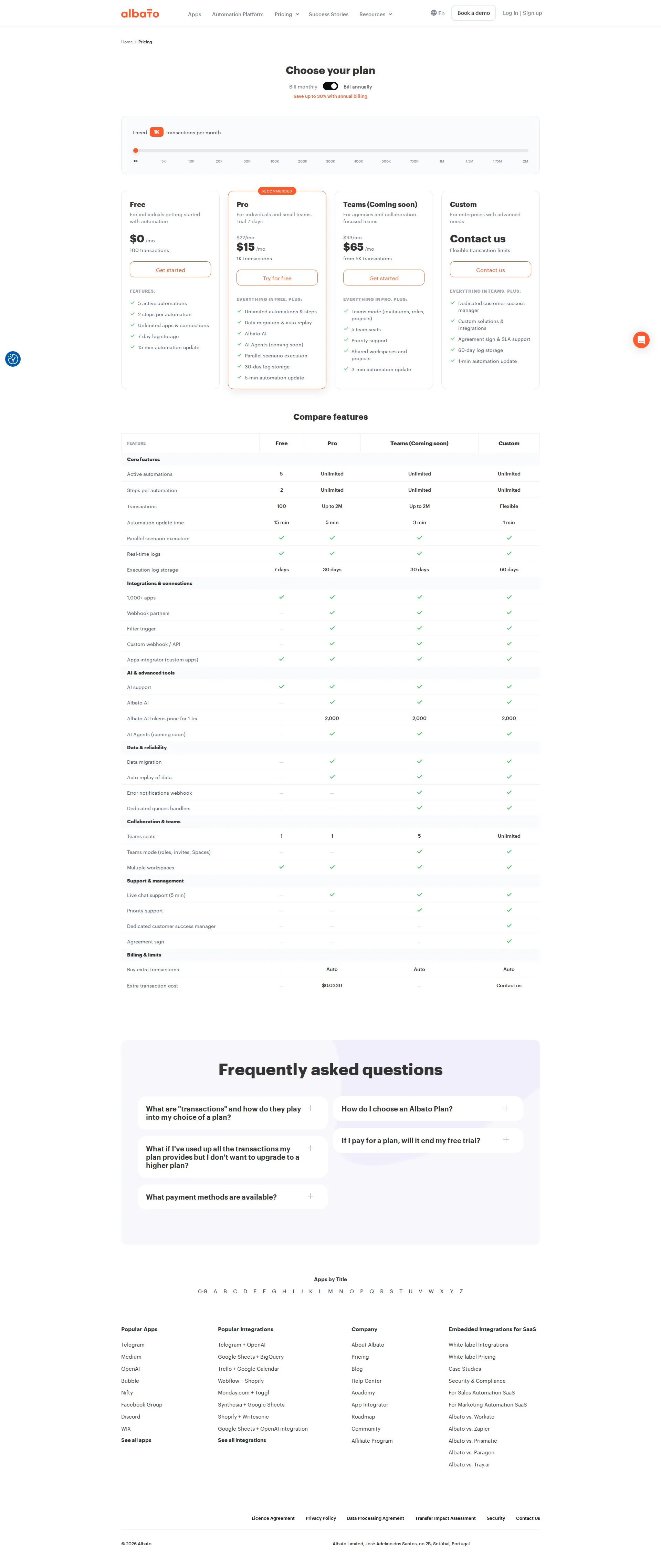 Albato pricing page screenshot