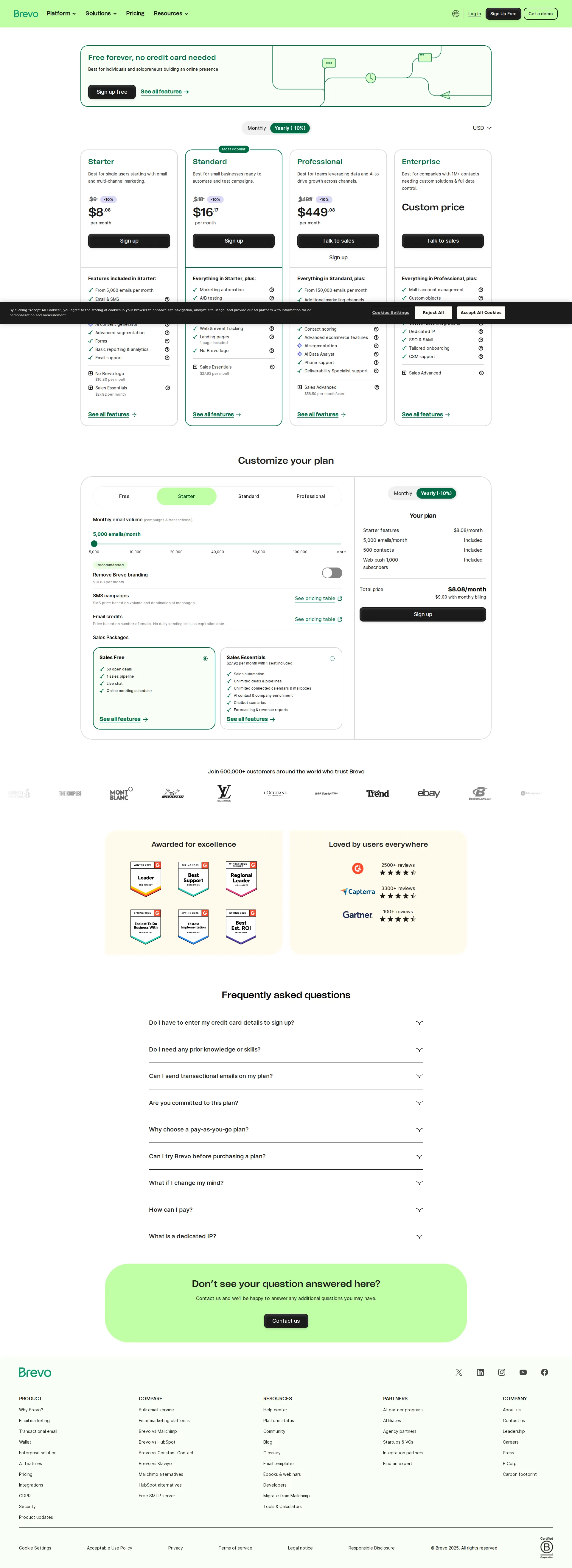 Brevo Pro pricing page screenshot