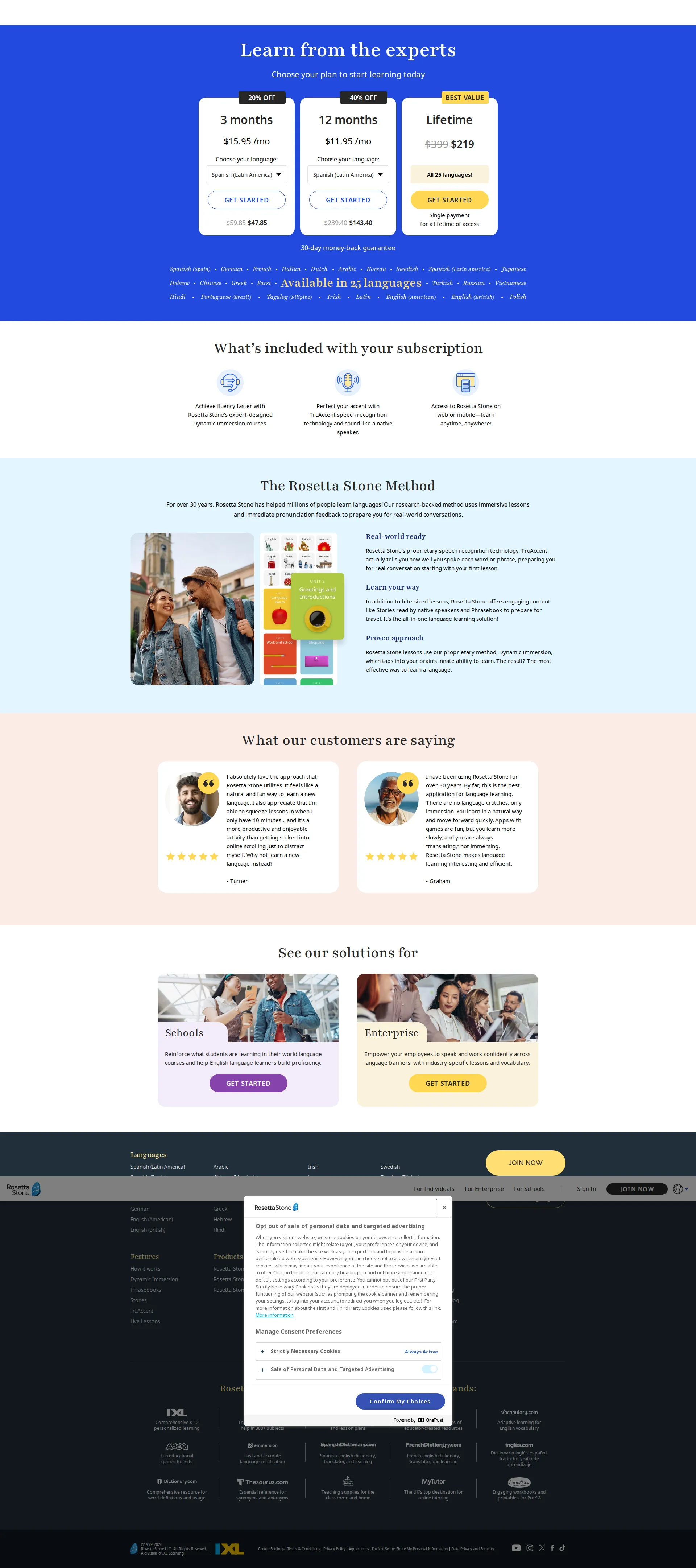 Rosetta Stone pricing page screenshot