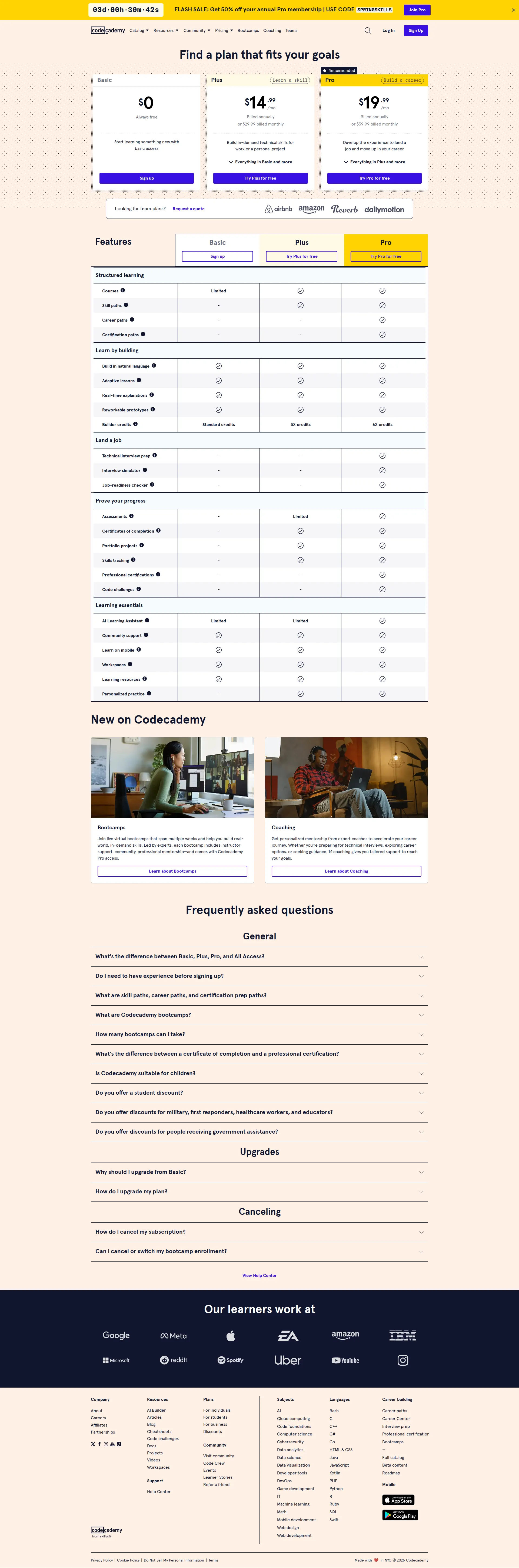 Codecademy pricing page screenshot