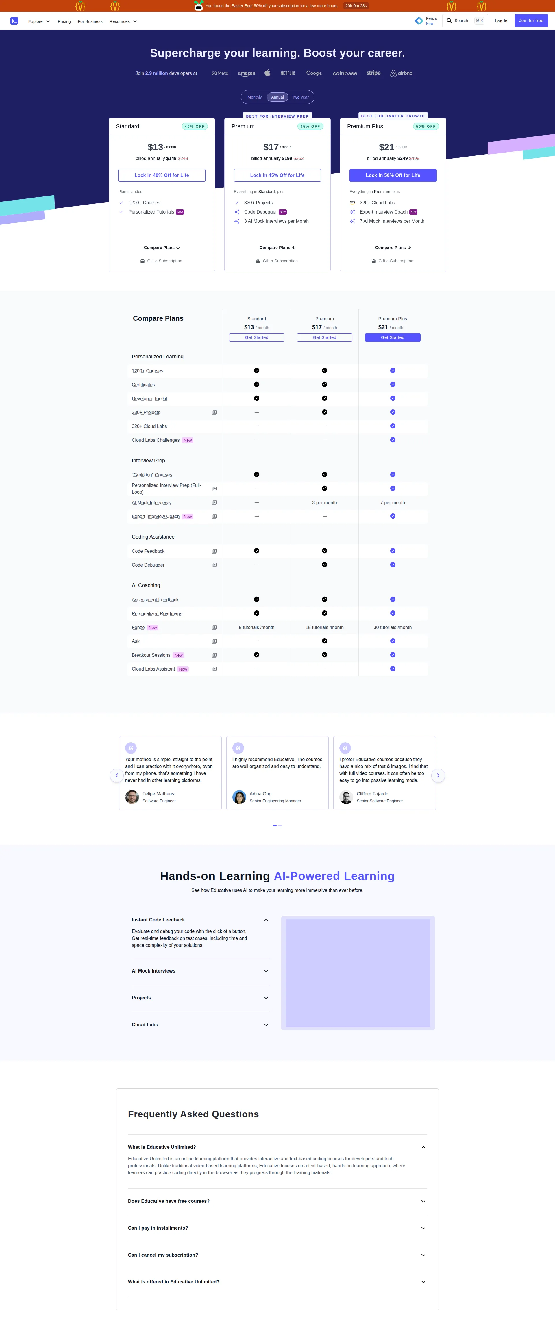 Educative pricing page screenshot