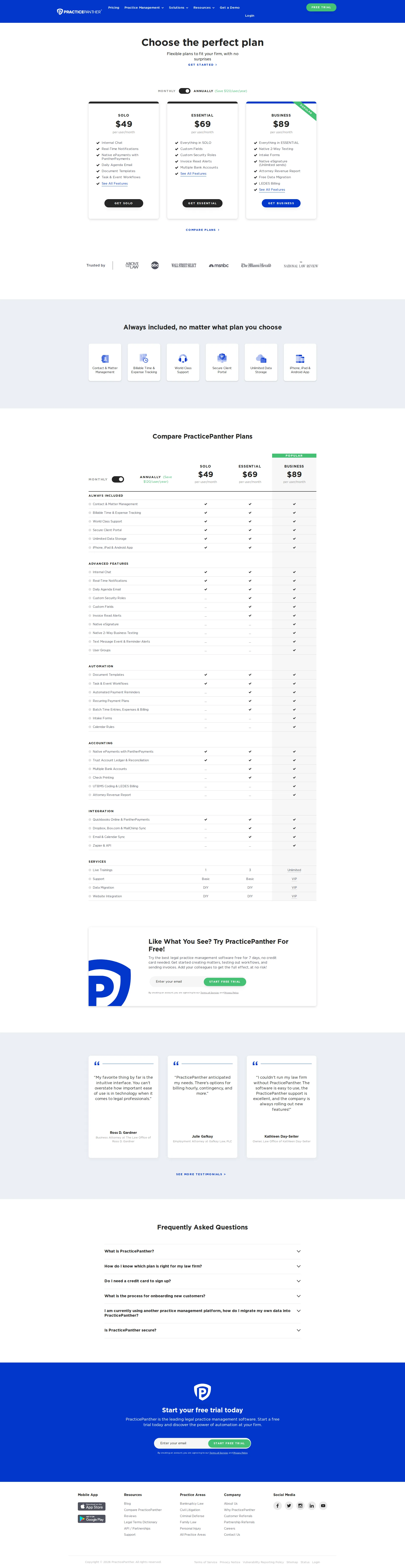 PracticePanther pricing page screenshot