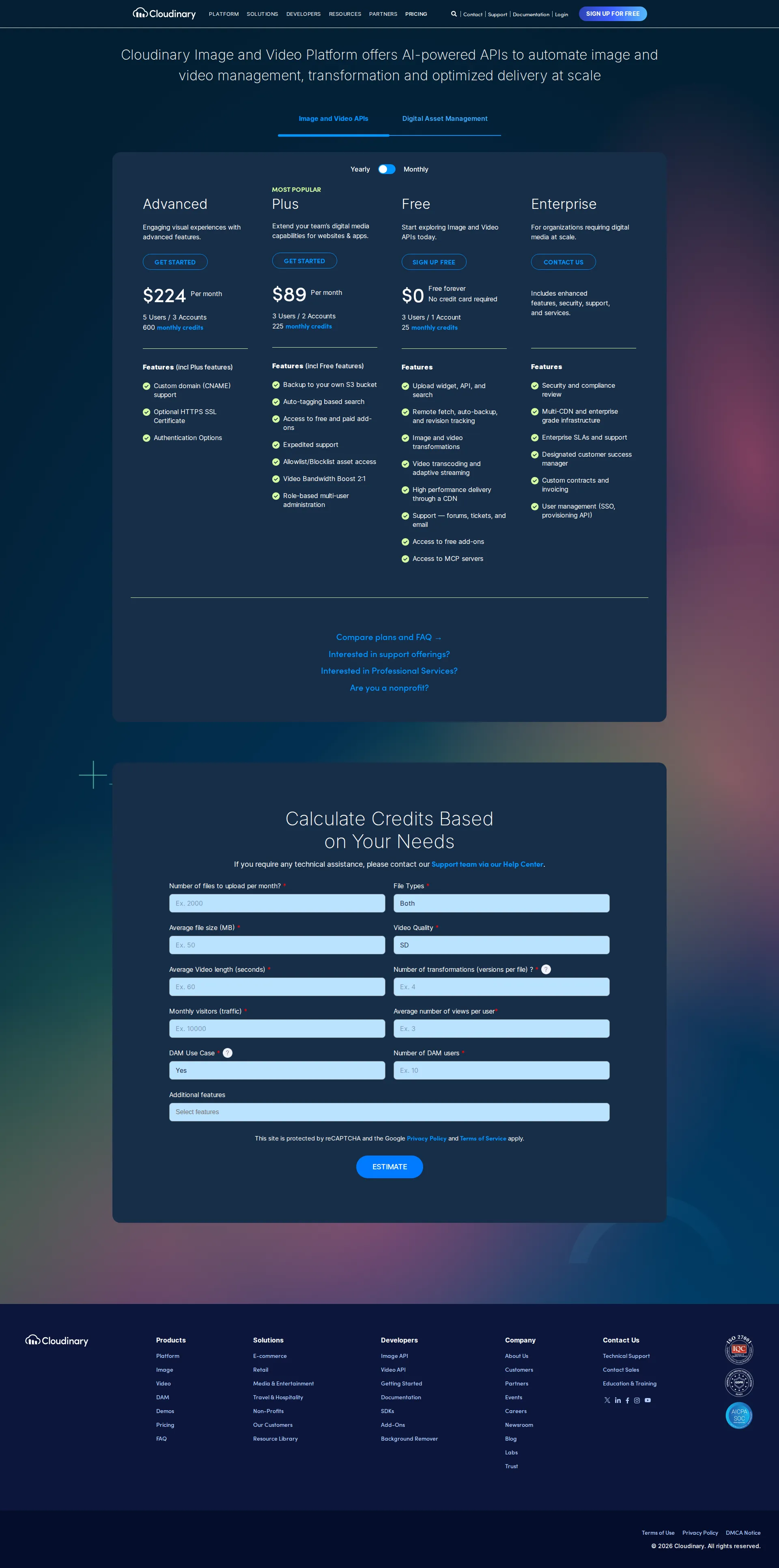 Cloudinary pricing page screenshot
