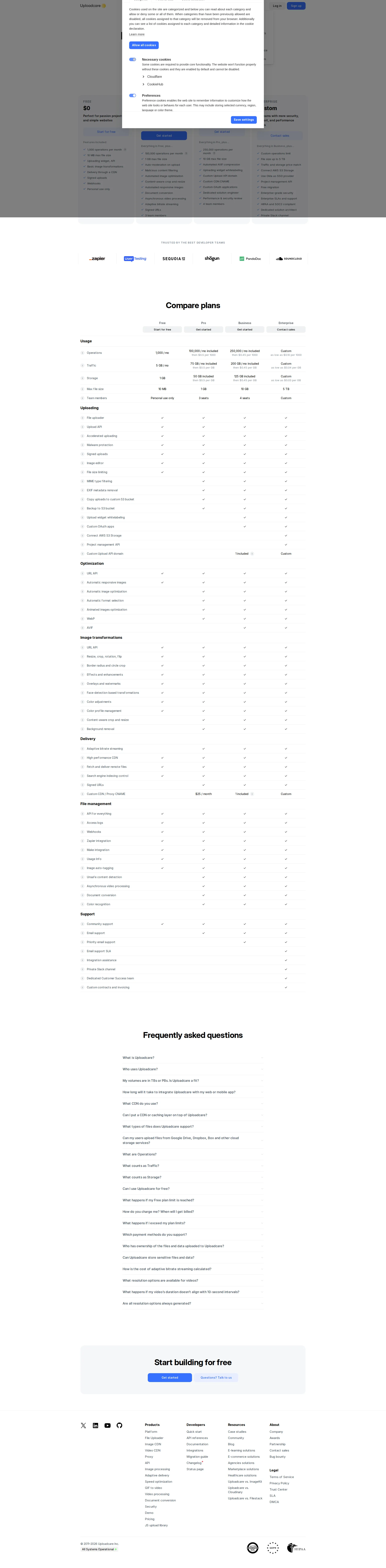 Uploadcare pricing page screenshot