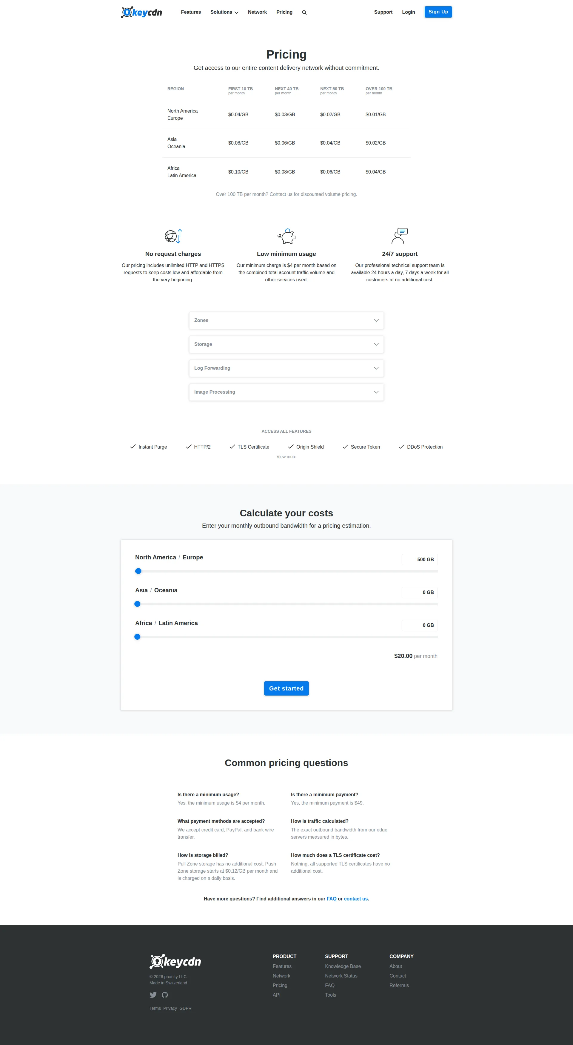 KeyCDN pricing page screenshot