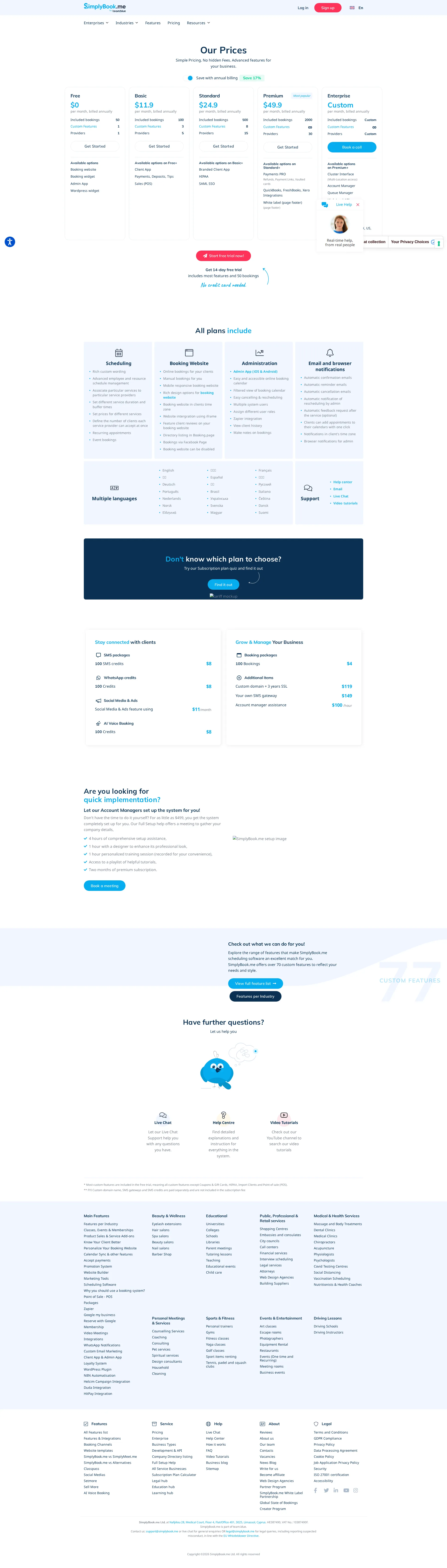 SimplyBook.me pricing page screenshot