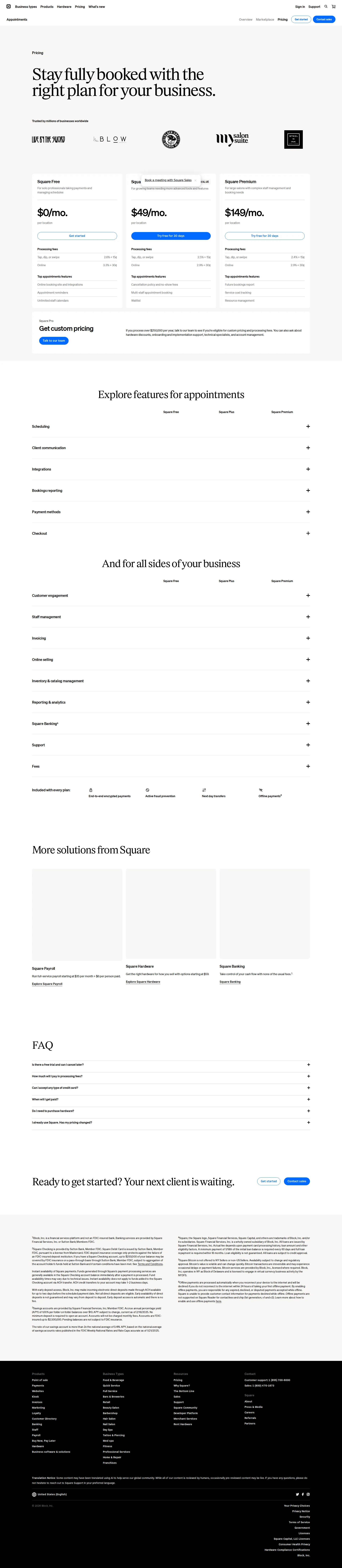 Square Appointments pricing page screenshot