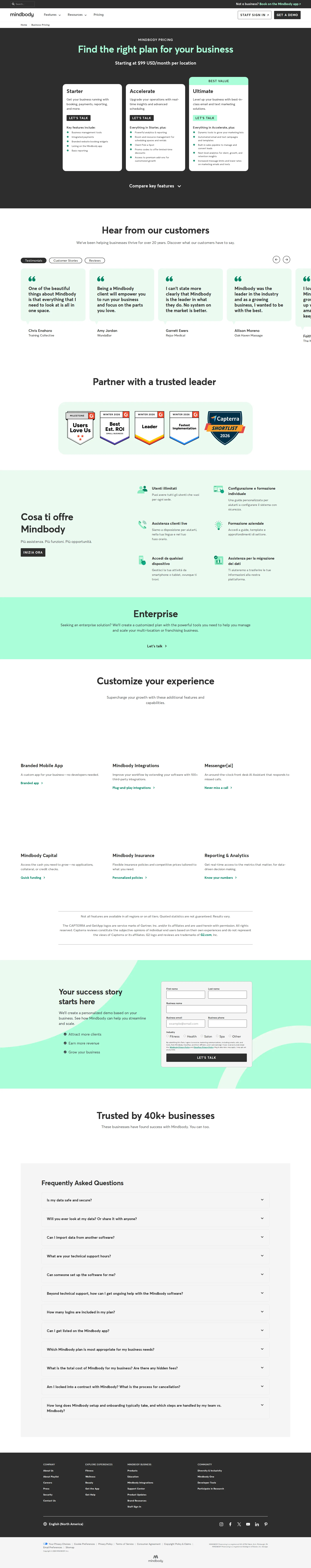Mindbody pricing page screenshot
