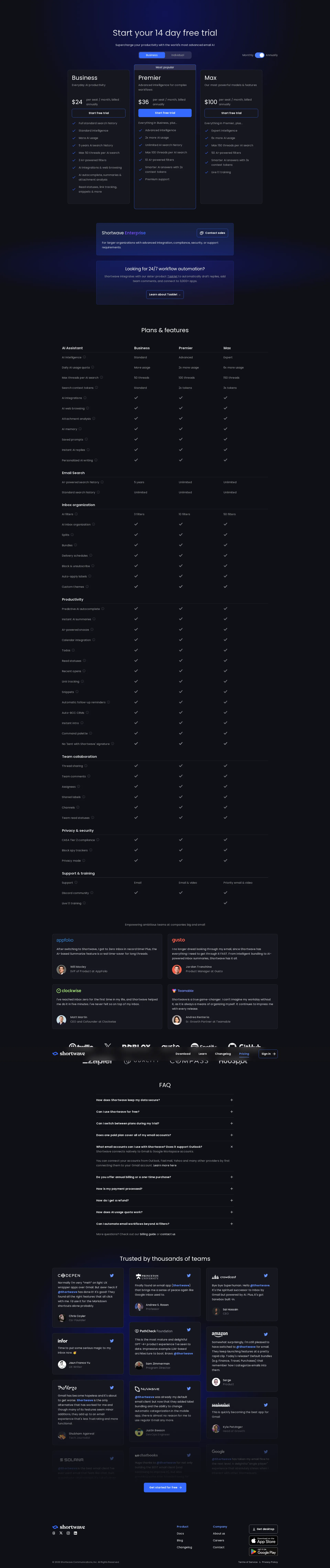Shortwave pricing page screenshot