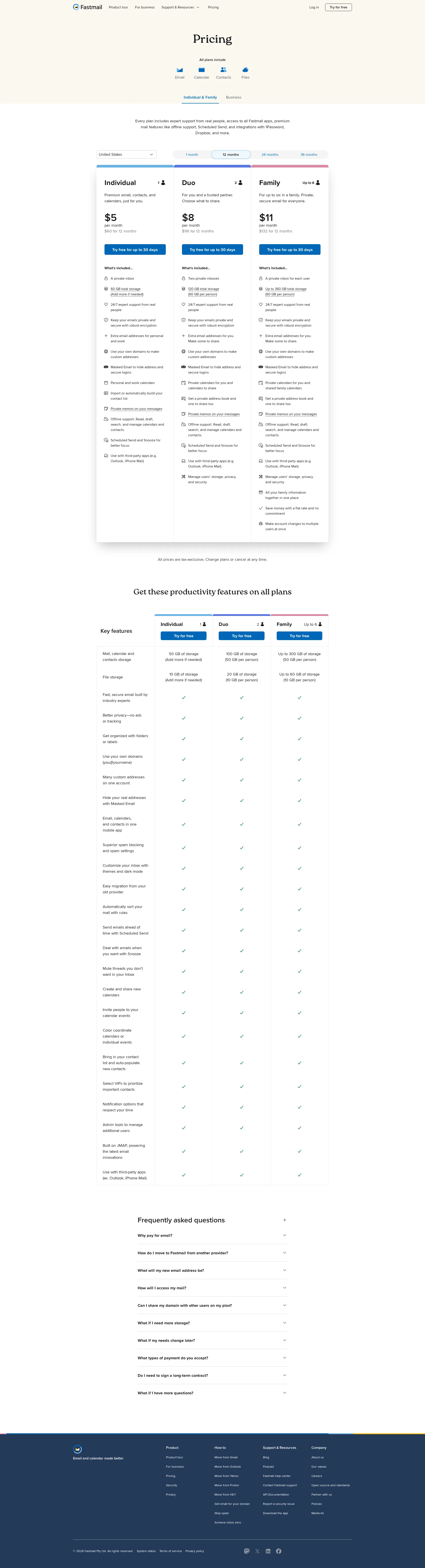 Fastmail pricing page screenshot
