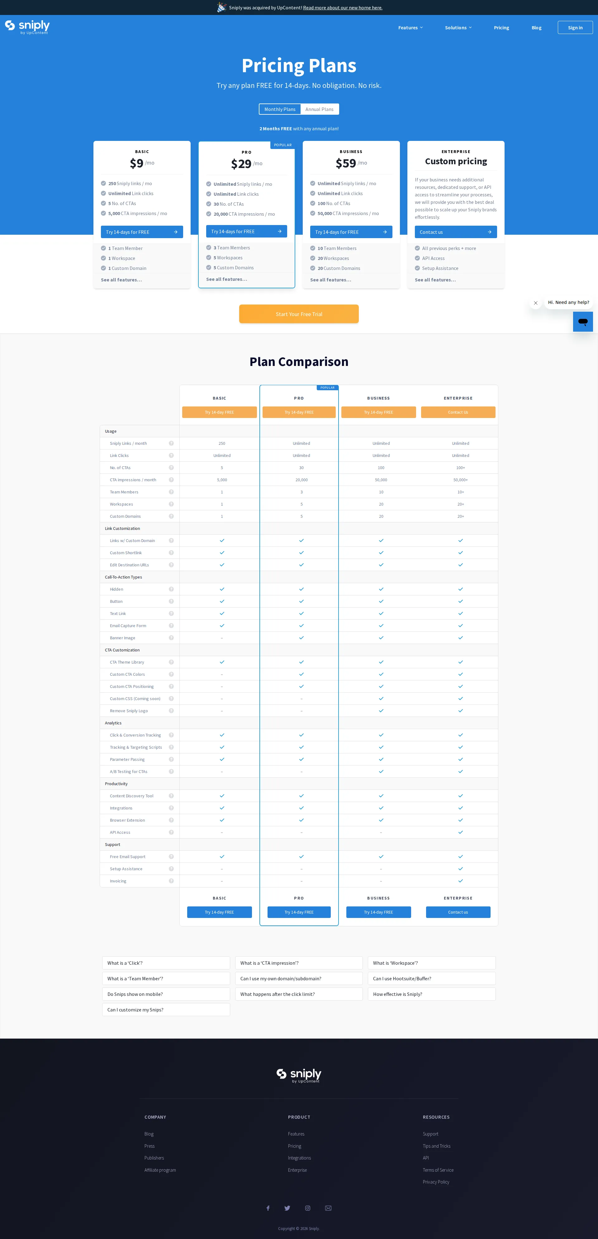 Sniply pricing page screenshot