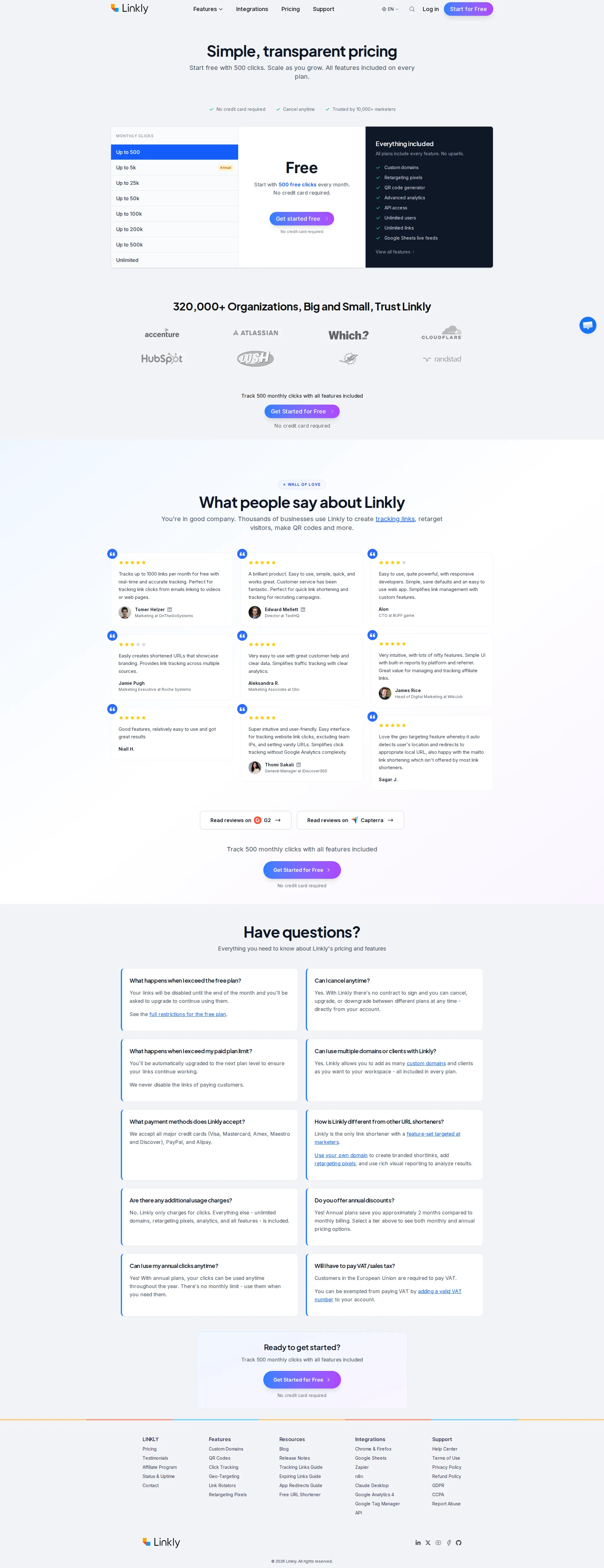 Linkly pricing page screenshot