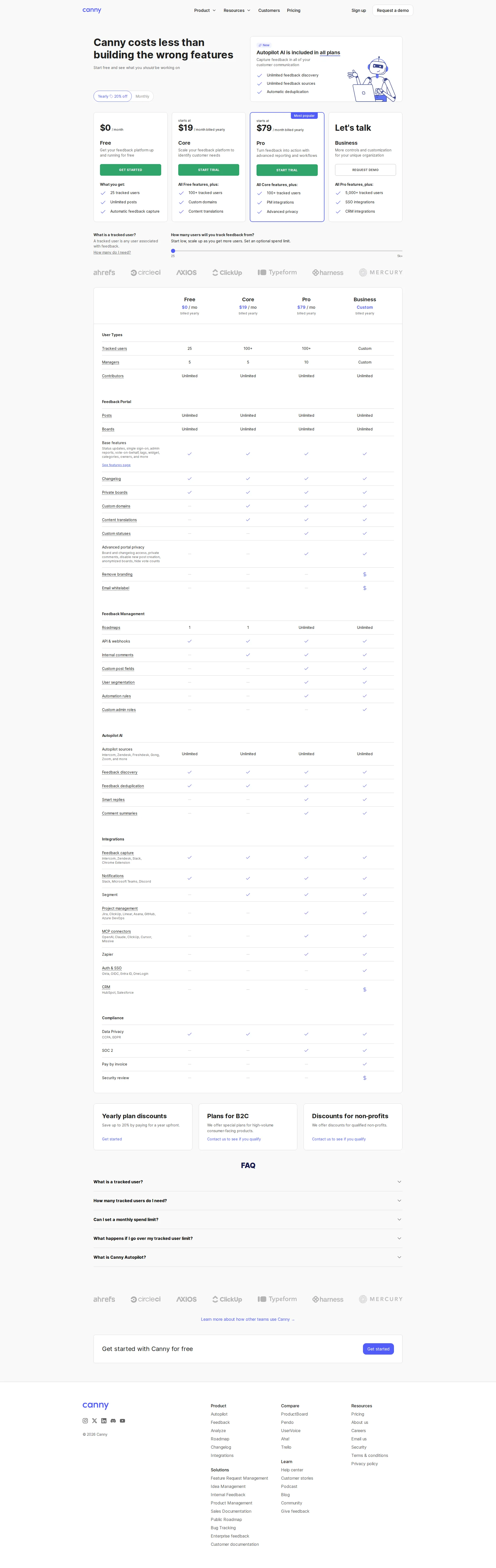 Canny pricing page screenshot