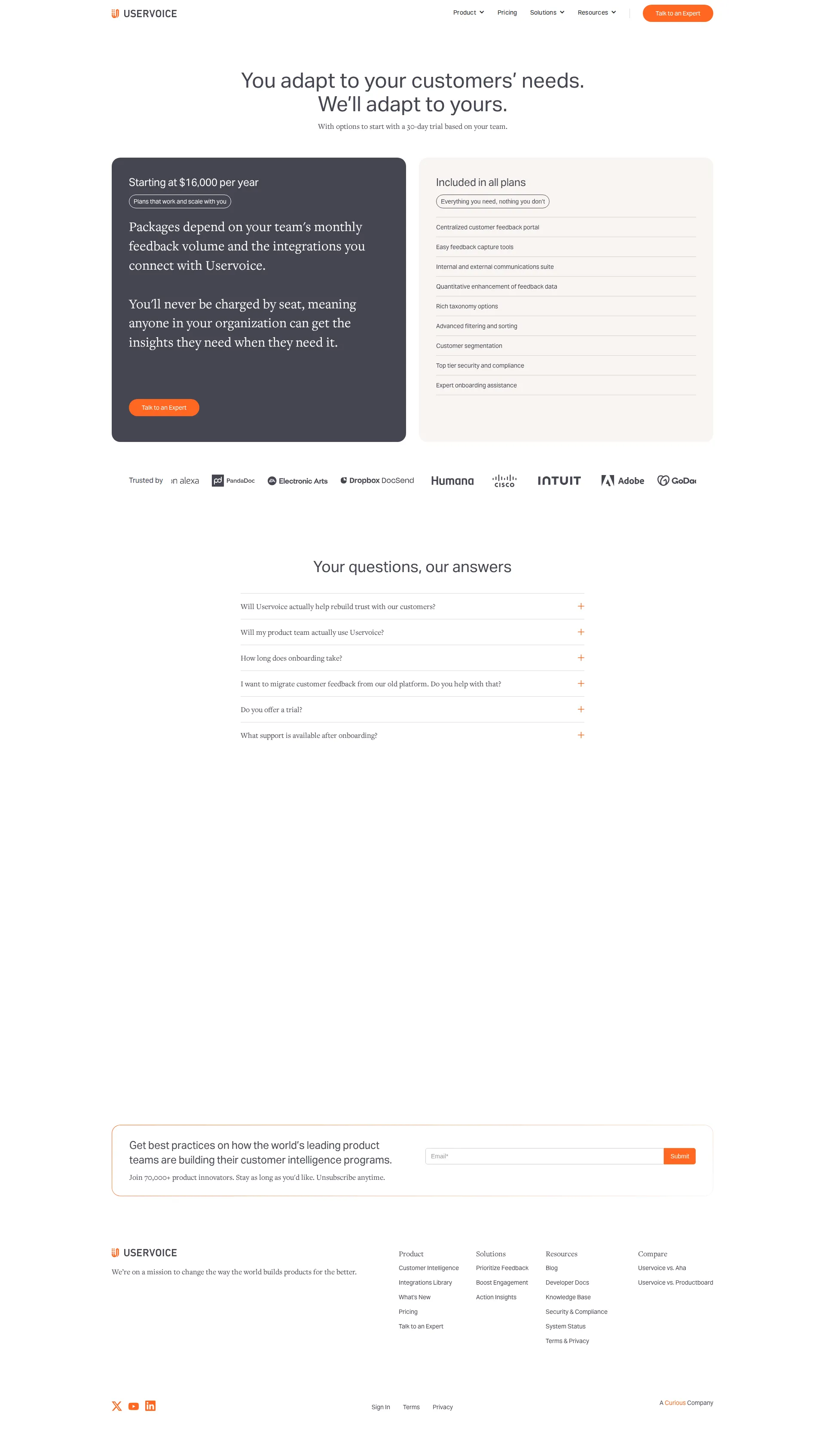 UserVoice pricing page screenshot