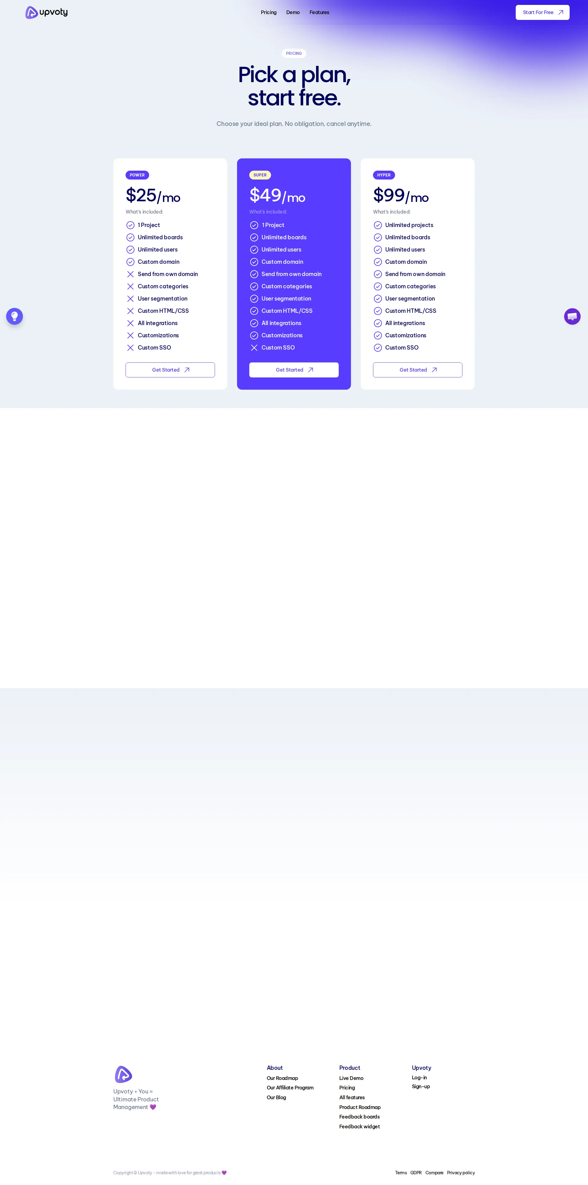 Upvoty pricing page screenshot