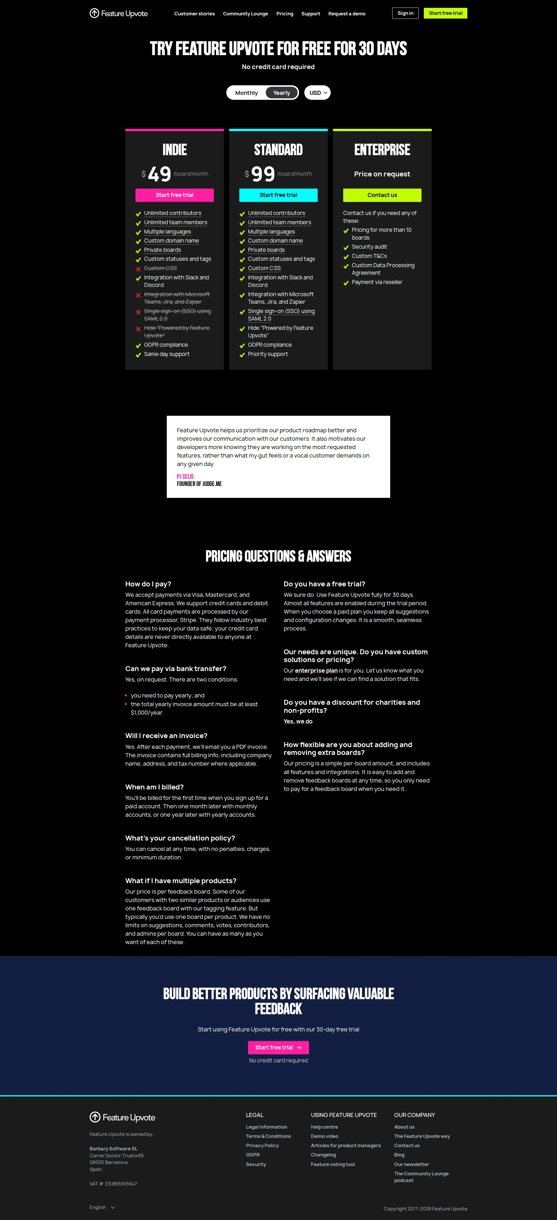 FeatureUpvote pricing page screenshot