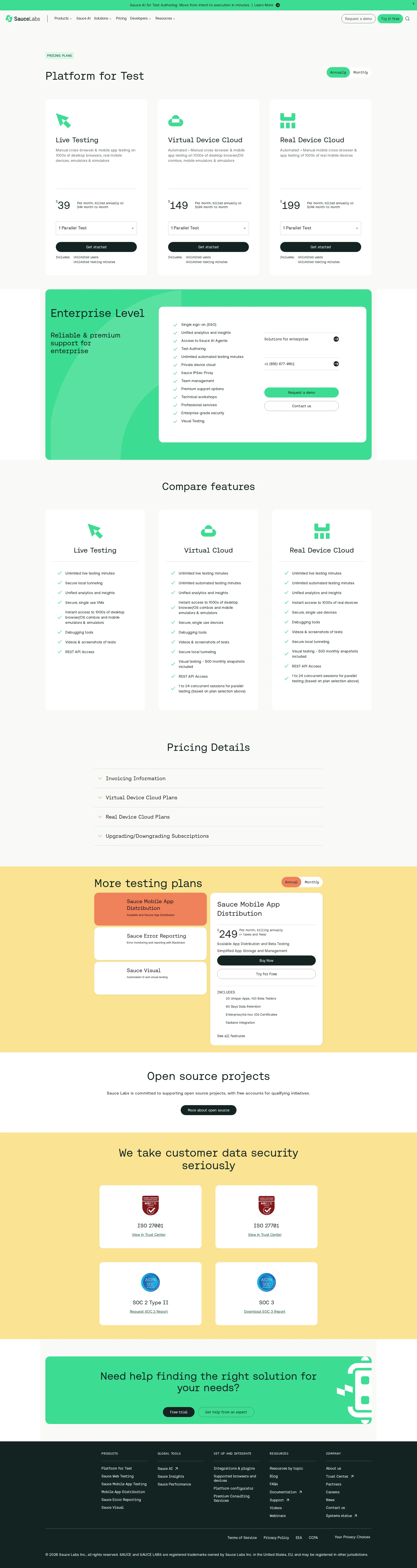 Sauce Labs pricing page screenshot