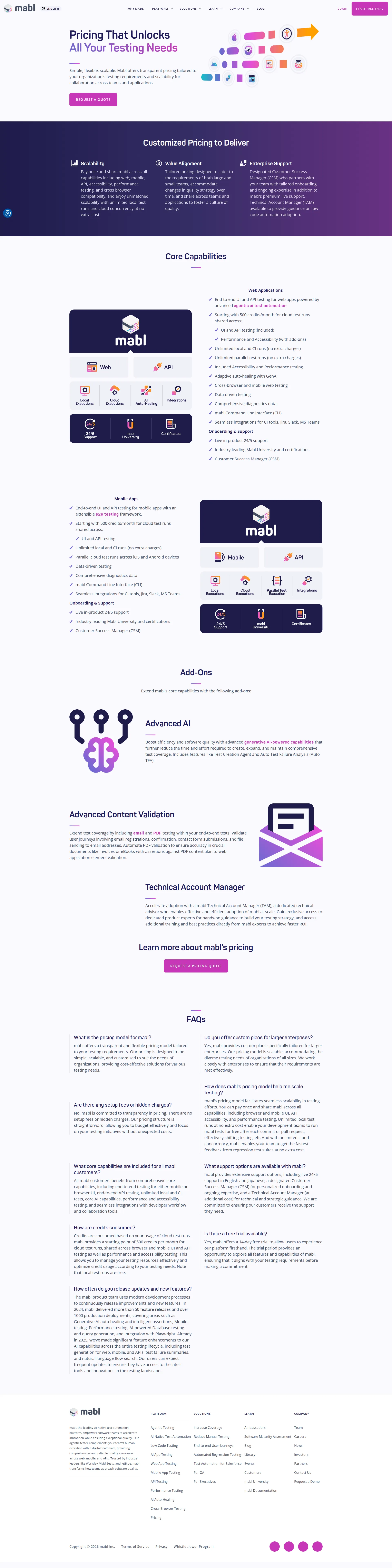 Mabl pricing page screenshot