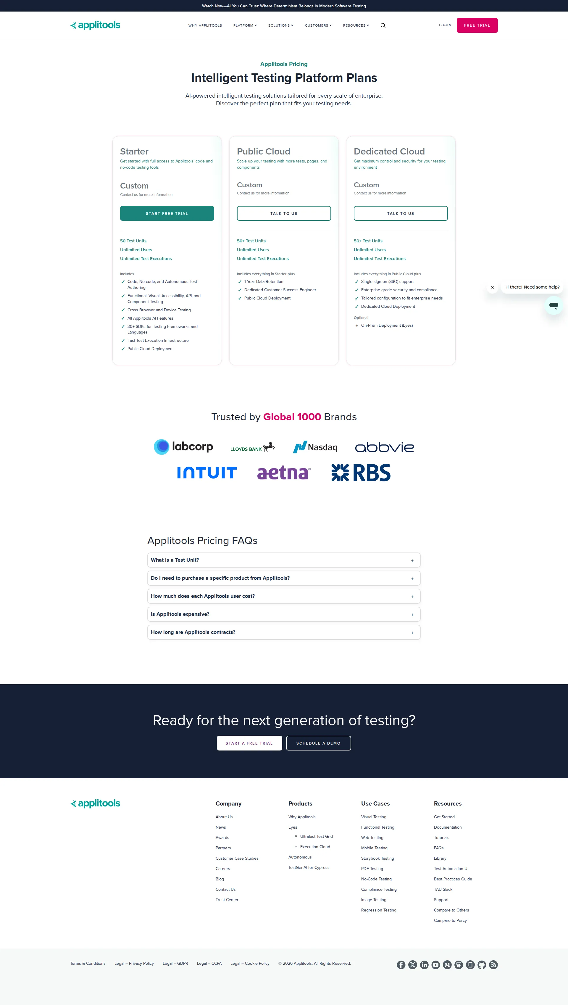 Applitools pricing page screenshot