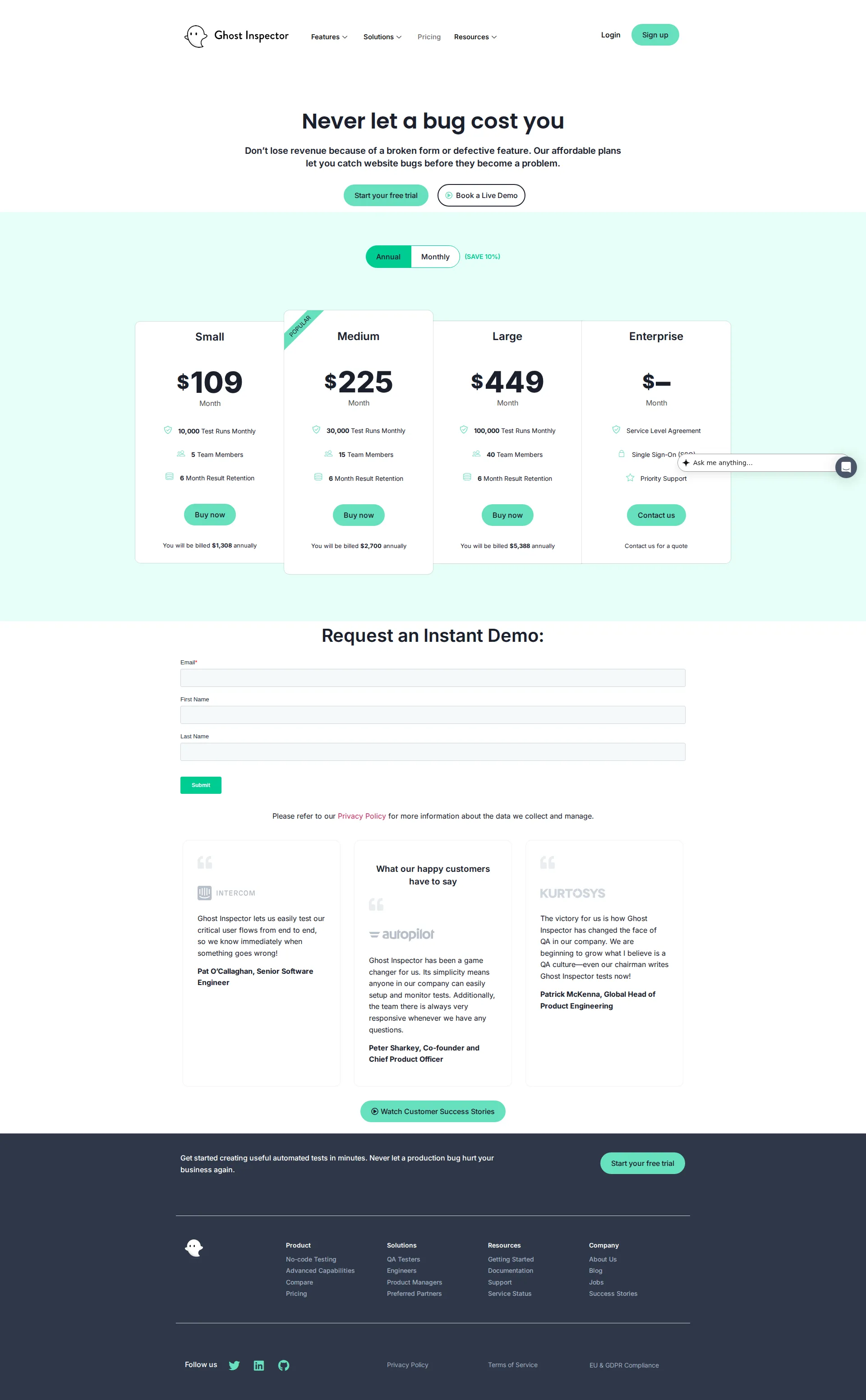 Ghost Inspector pricing page screenshot